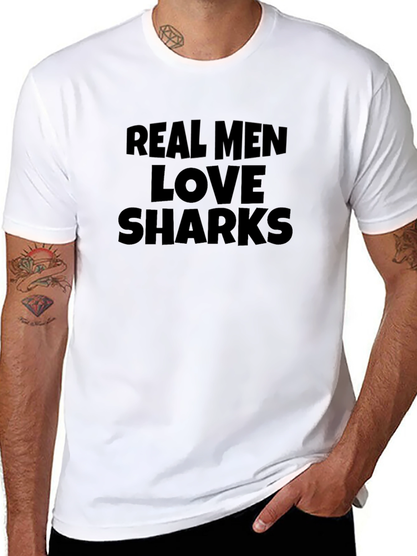 Black Real Men Love Sharks Graphic Tee - Black view 8
