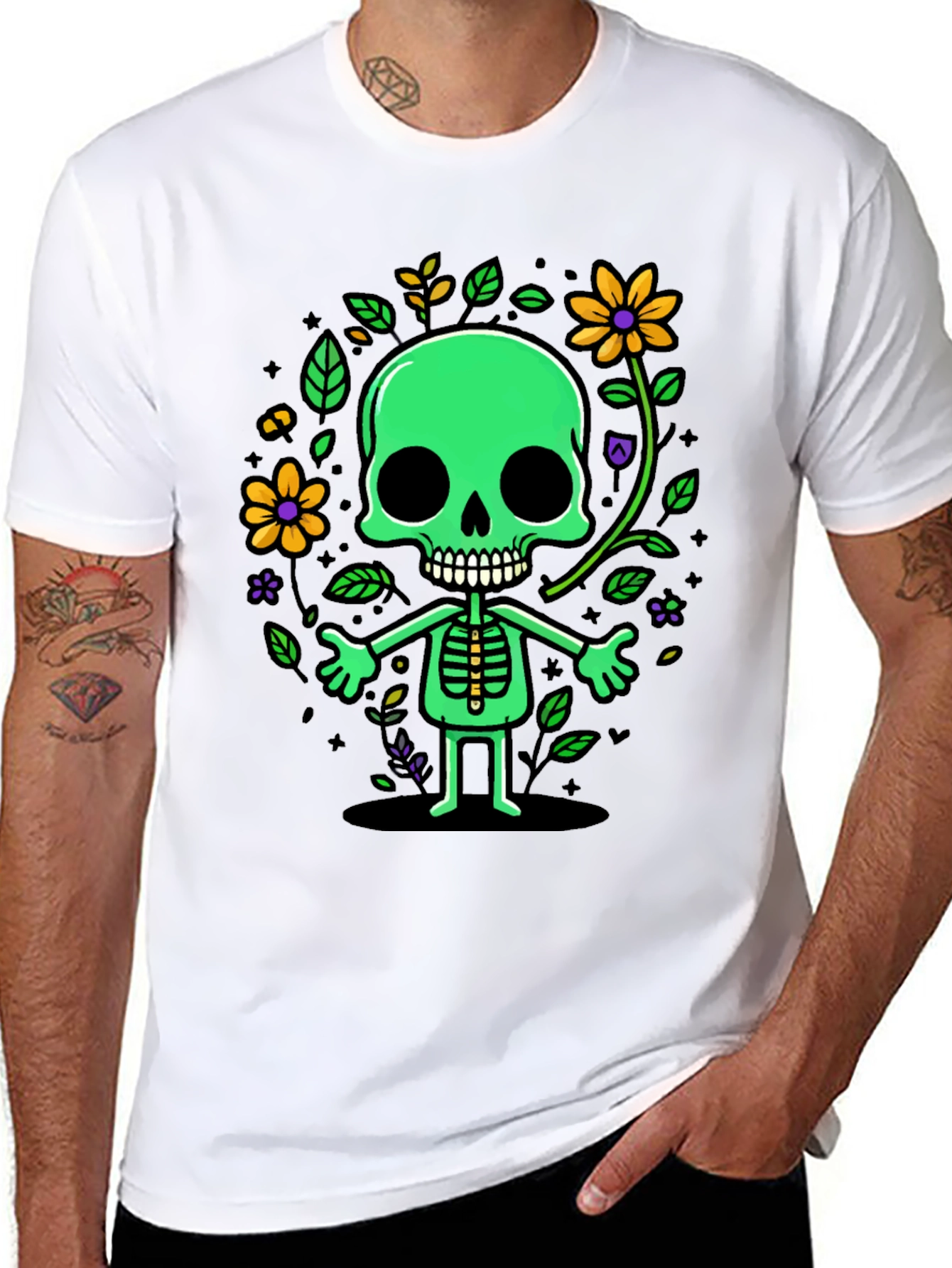 Black Green Floral Skeleton Graphic Tee view 8