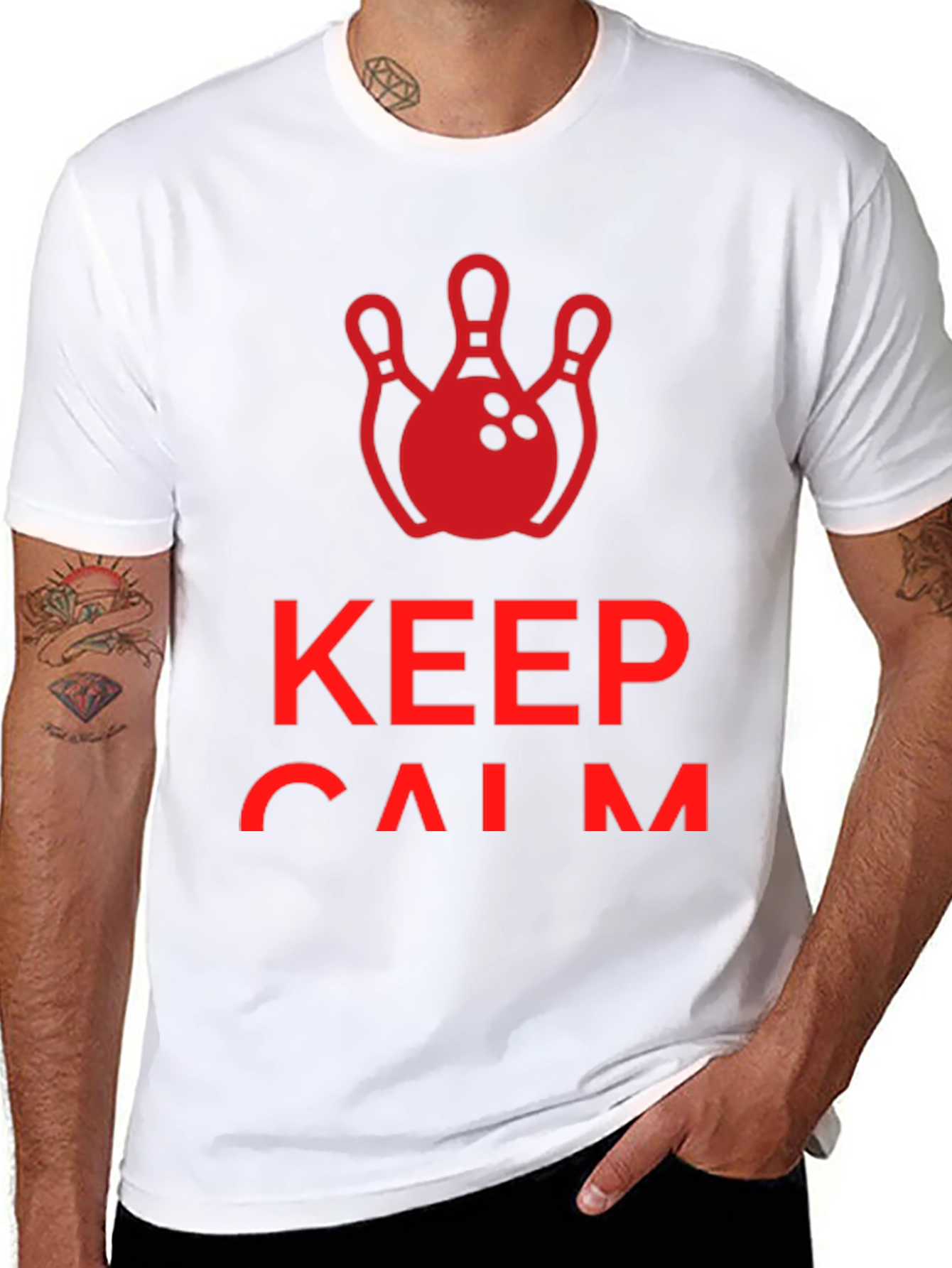Black Keep Calm and Bowl On T-Shirt - Red Bowling Design view 8