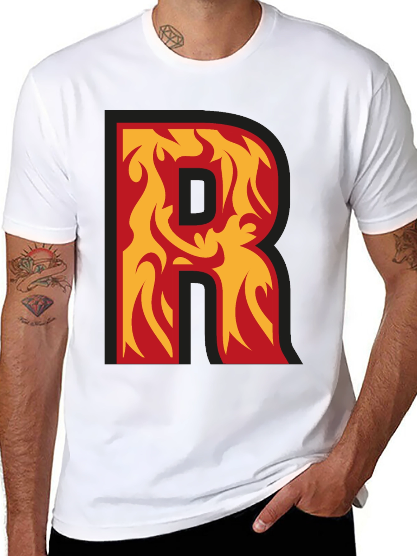 Black Flaming Letter R Graphic Tee - Cool Design! view 8