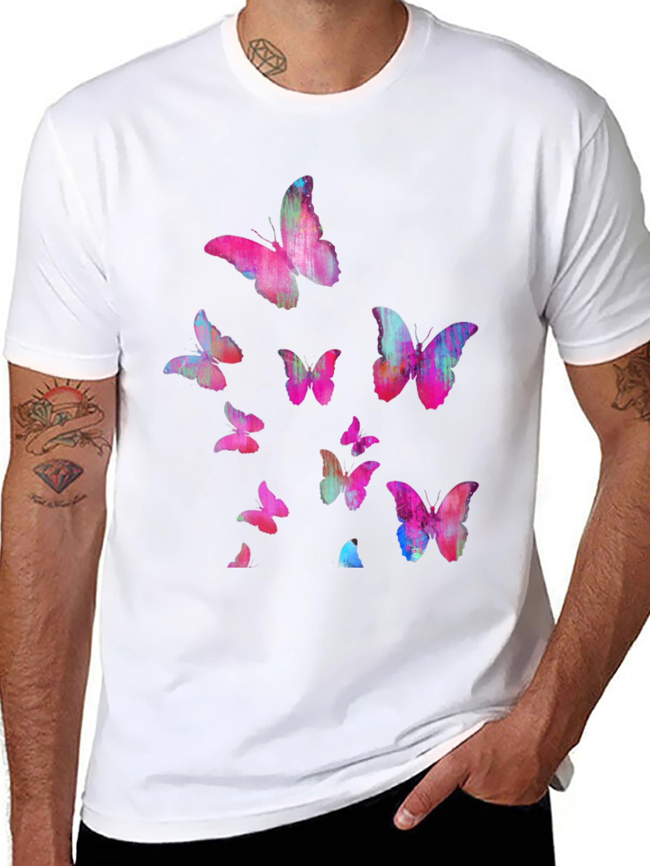 Black Butterfly Print Men's Black T-Shirt view 8