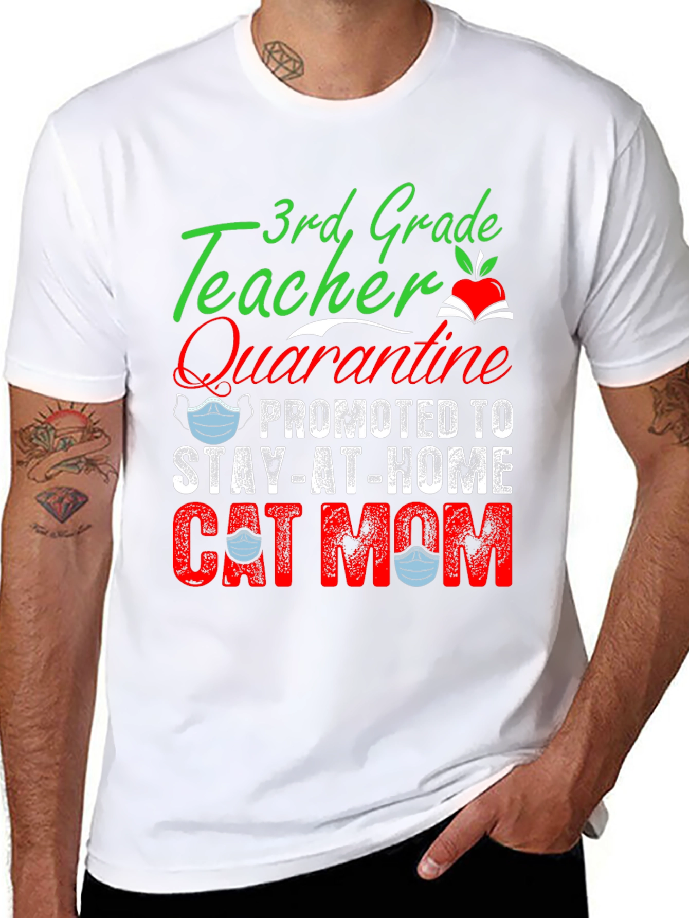 Black 3rd Grade Teacher Quarantine Cat Mom T-Shirt view 8
