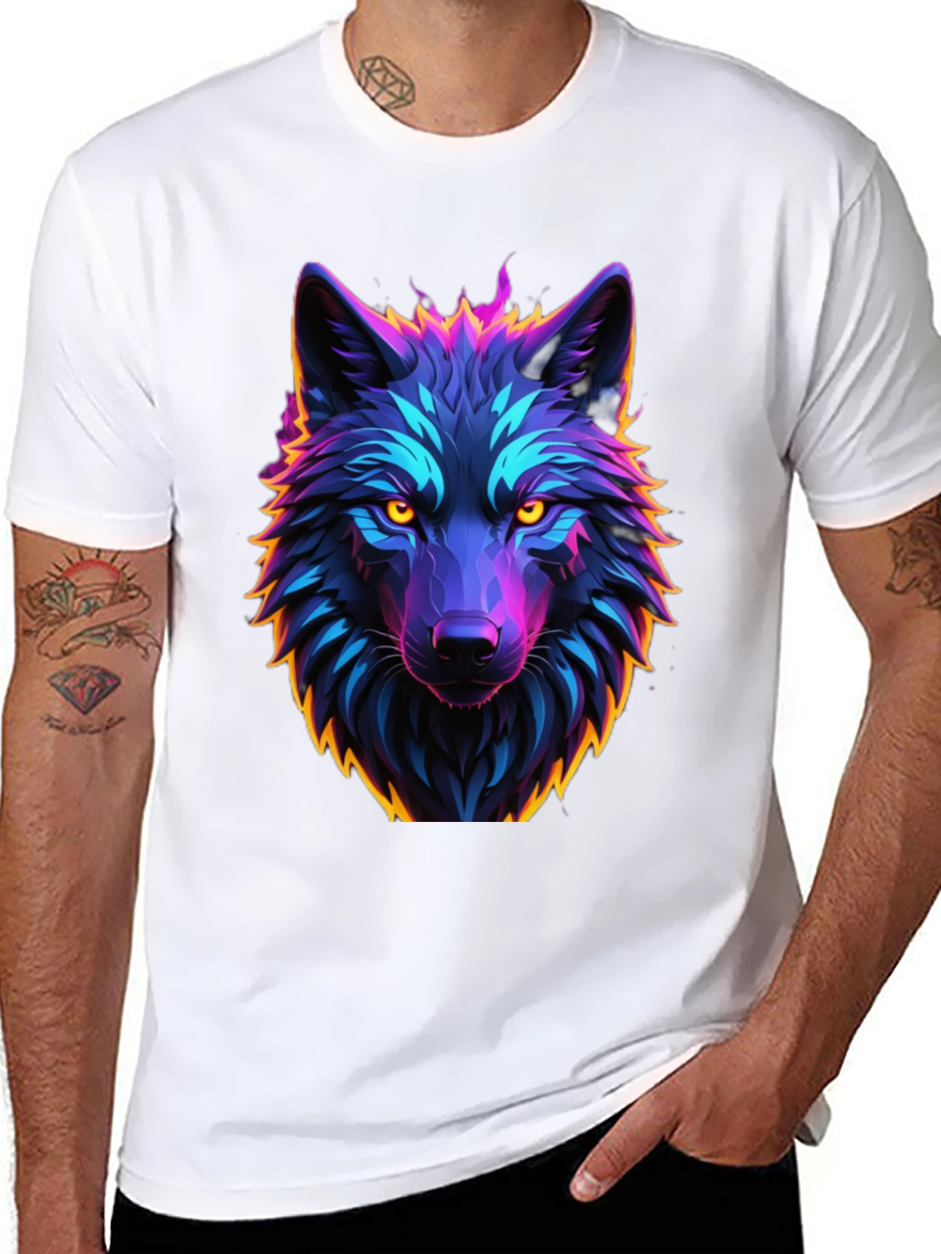 Black Neon Wolf Graphic Tee - Black Cotton view 8