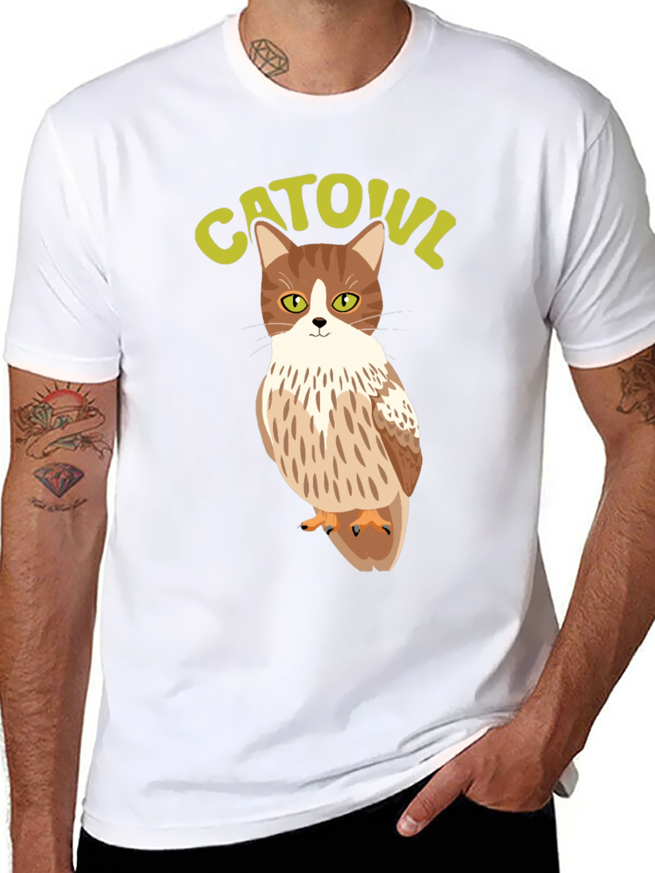Black CATOUL T-Shirt - Cat Owl Hybrid Graphic Tee view 8