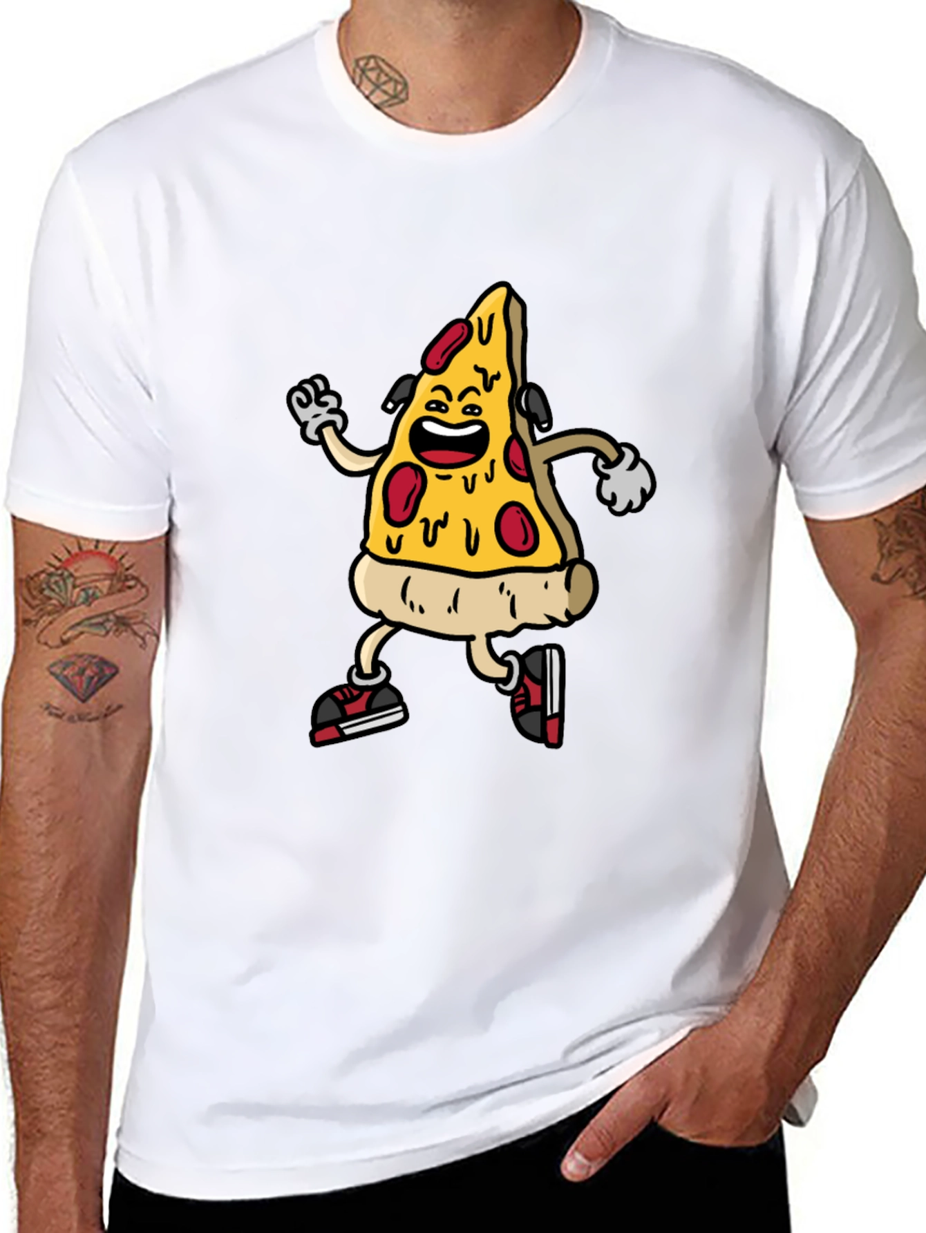 Black Cartoon Pizza Slice Graphic Tee - Black Cotton Blend Shirt view 8