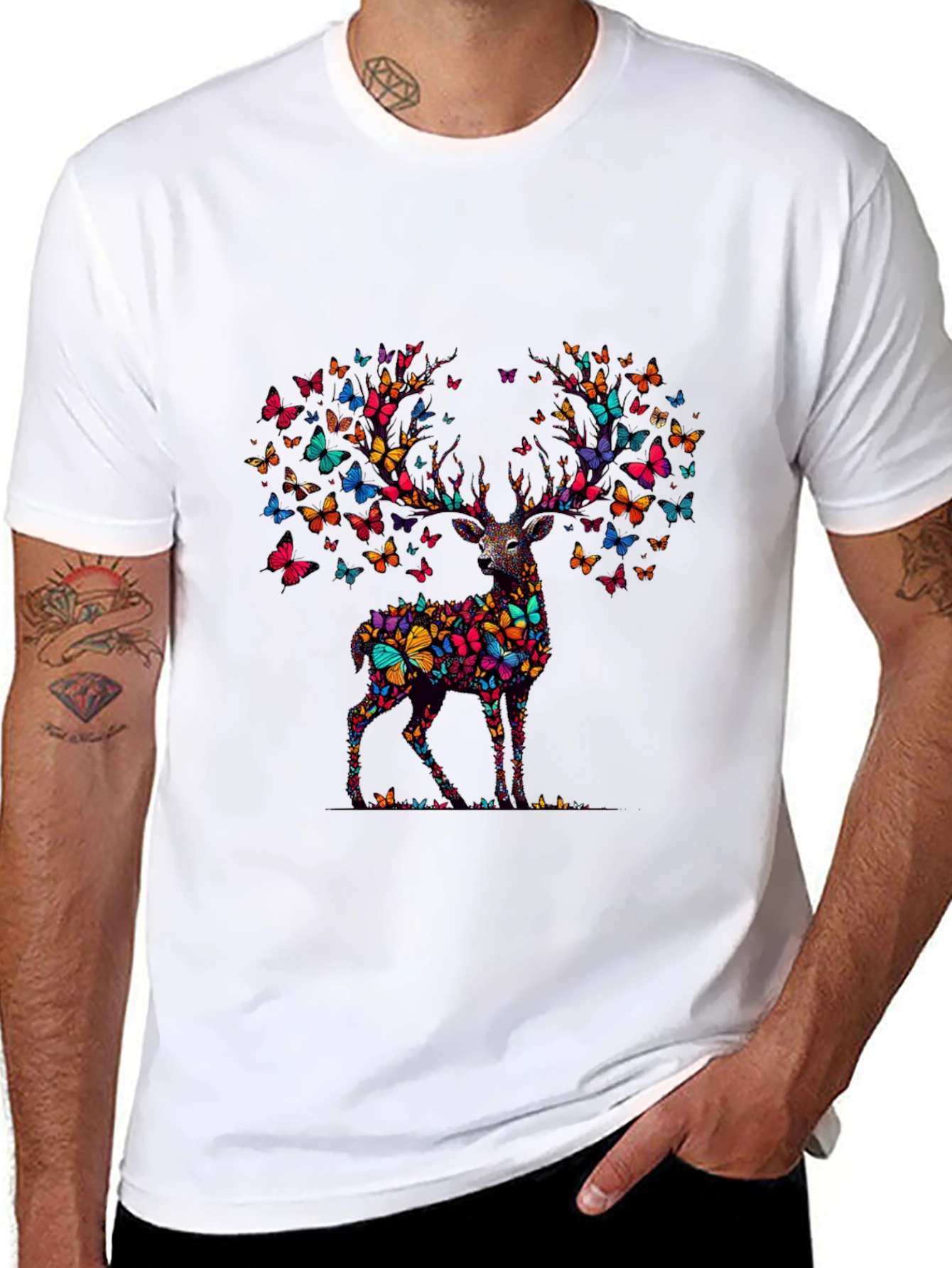 Black Butterfly Deer Graphic Black T-Shirt view 8