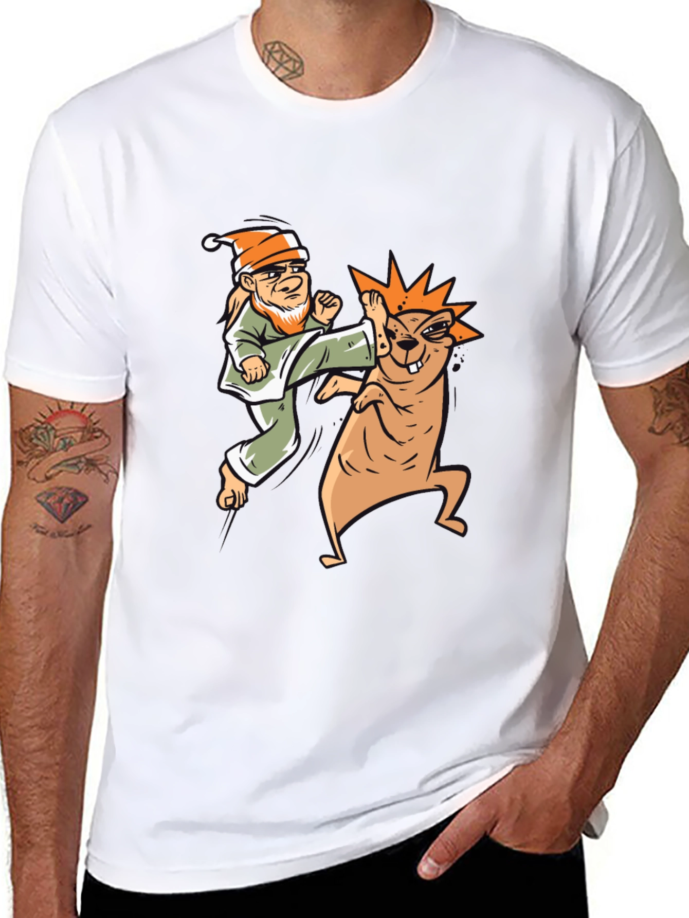 Black Funny Karate Gnome vs. Beaver Graphic T-Shirt view 8
