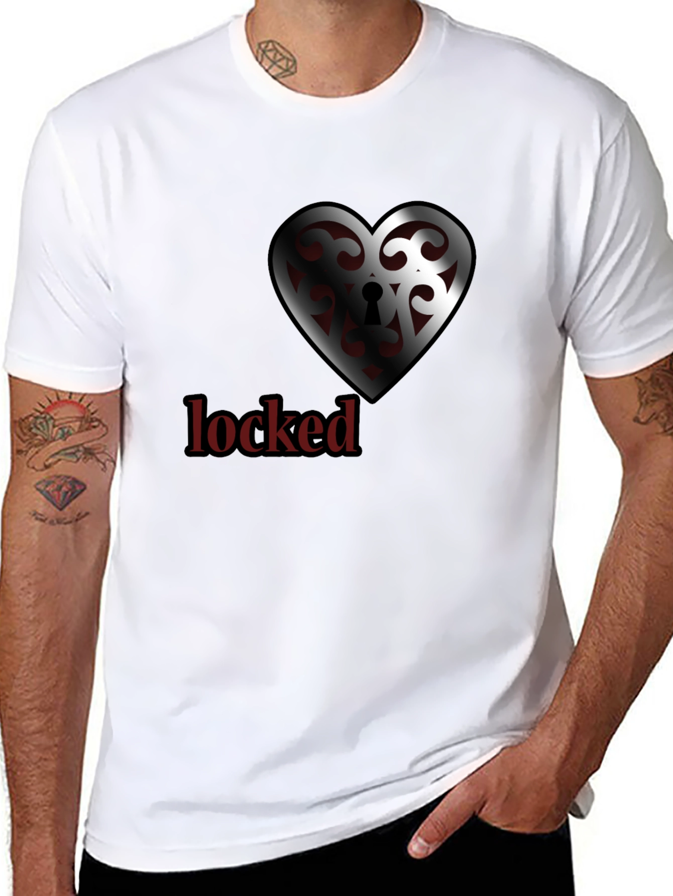 Black Locked Heart Graphic Tee - Stylish Crew Neck view 8