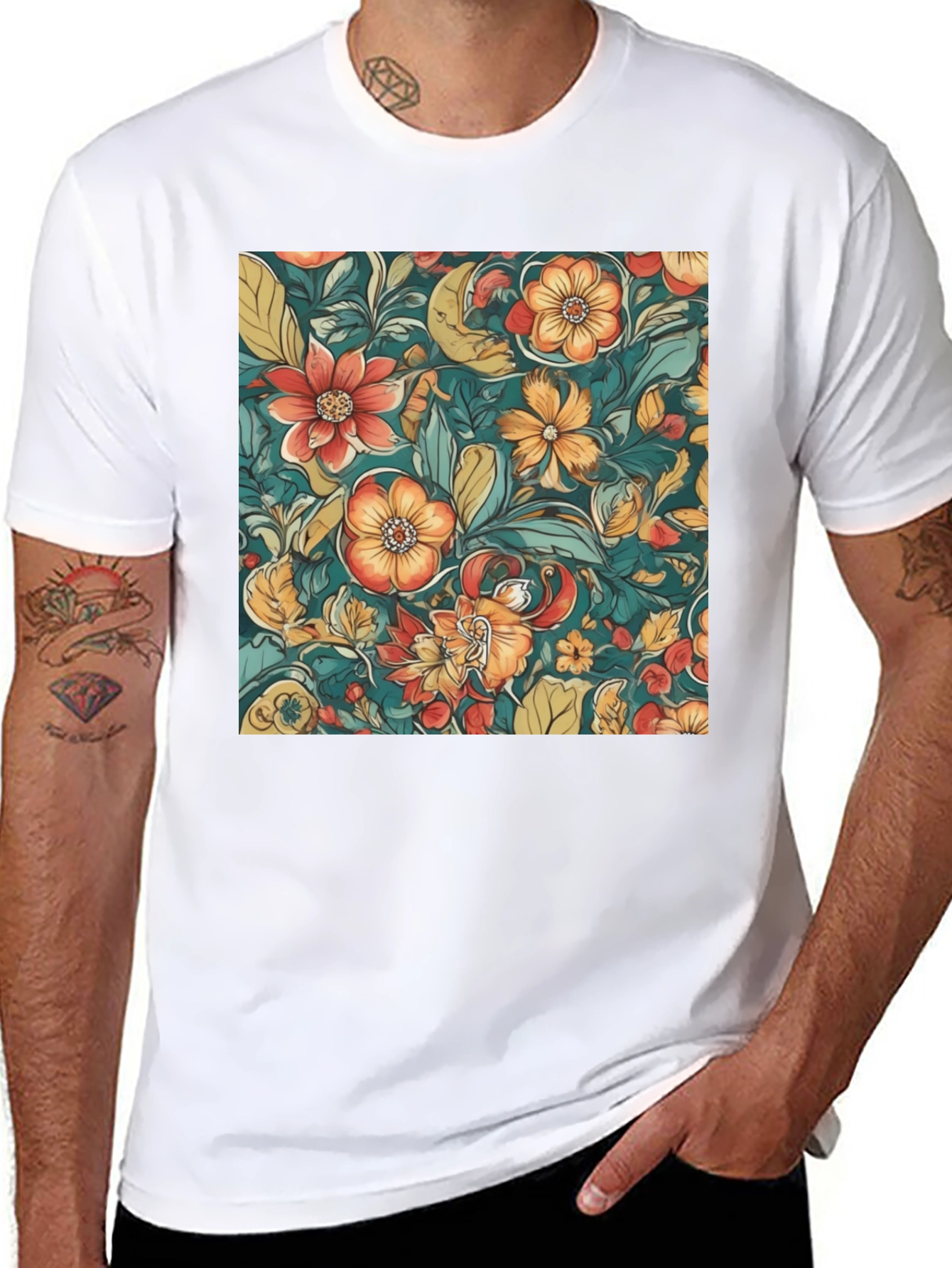 Black Floral Pattern Black T-Shirt view 8