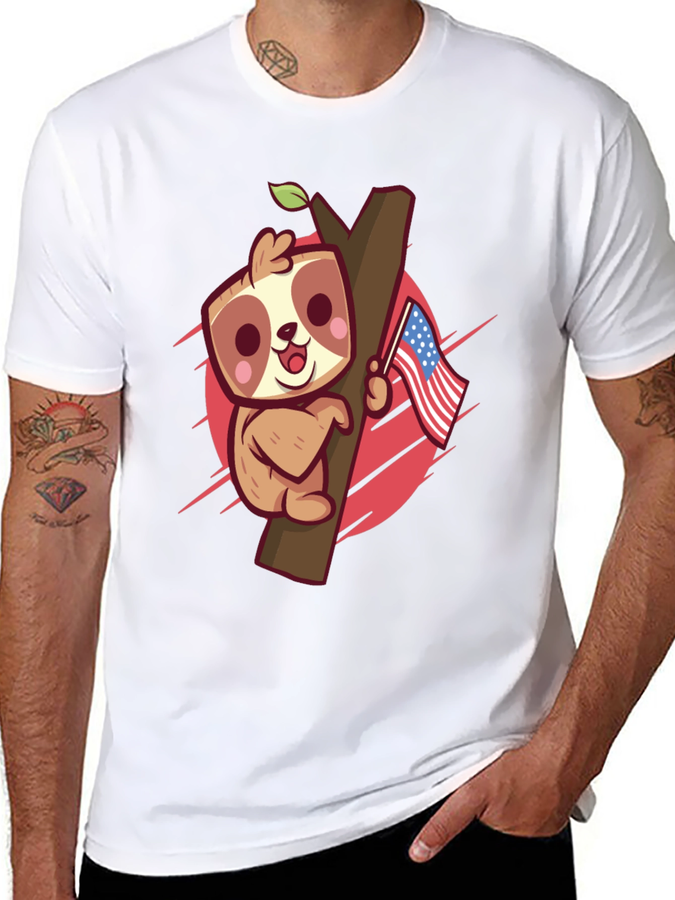 Black Cute Sloth Holding US Flag Graphic Tee view 8