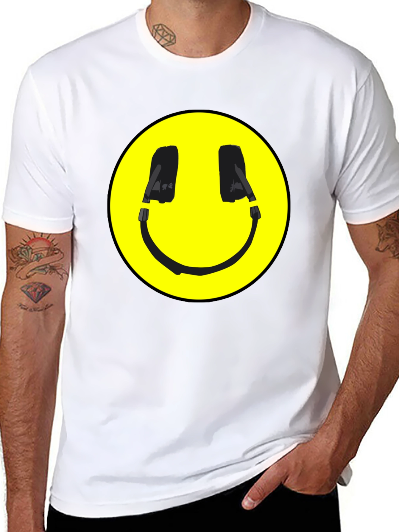 Black Smiley Face Headphone Graphic Black T-Shirt view 8