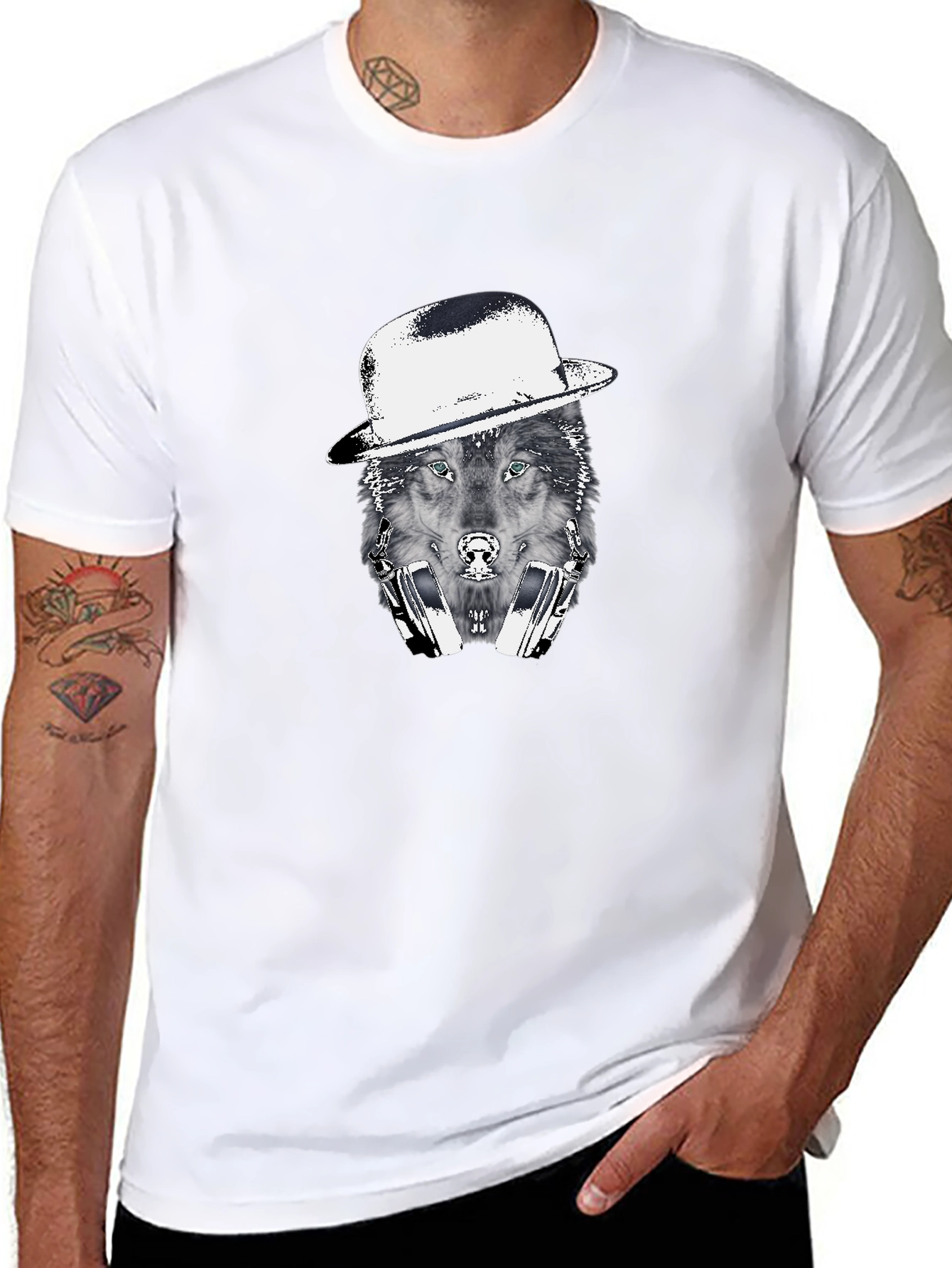Black Wolf in Hat Graphic T-Shirt view 8