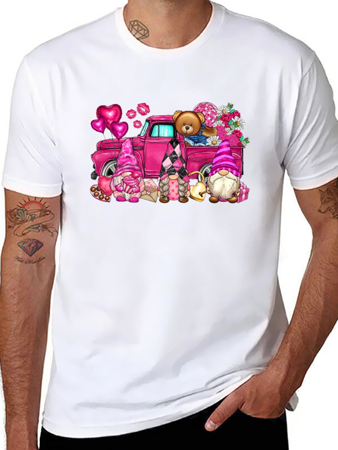 Black Valentine's Day Gnomes Truck T-Shirt view 8