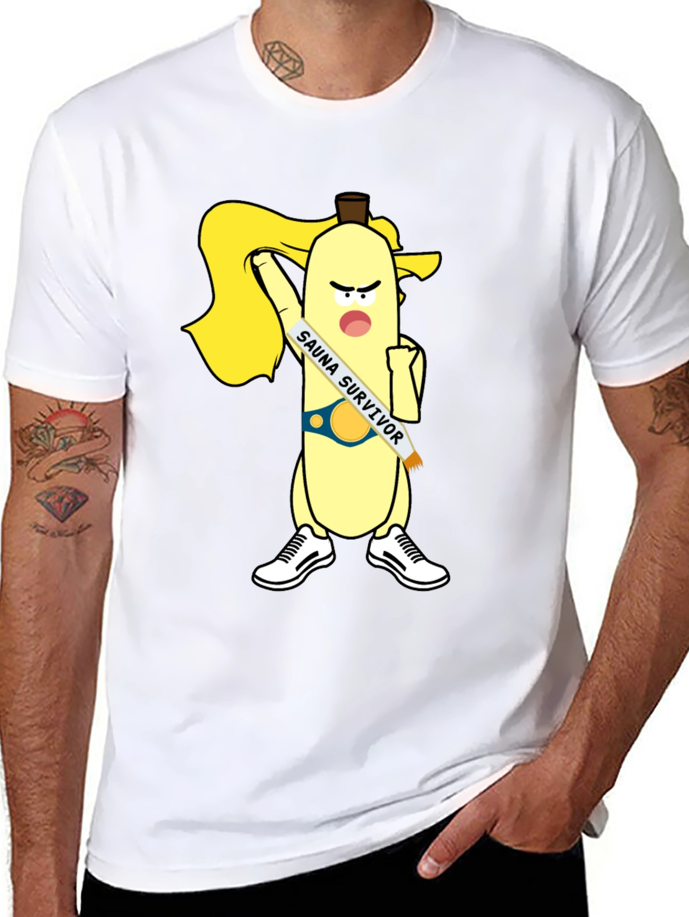 Black Sauna Survivor Banana Cartoon Tee view 8