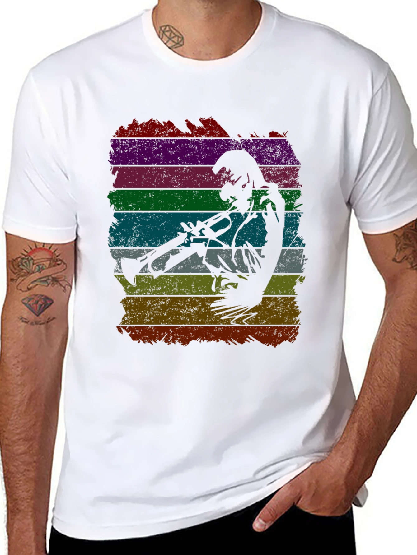 Black Jazz Trumpet Player Retro Striped T-Shirt view 8