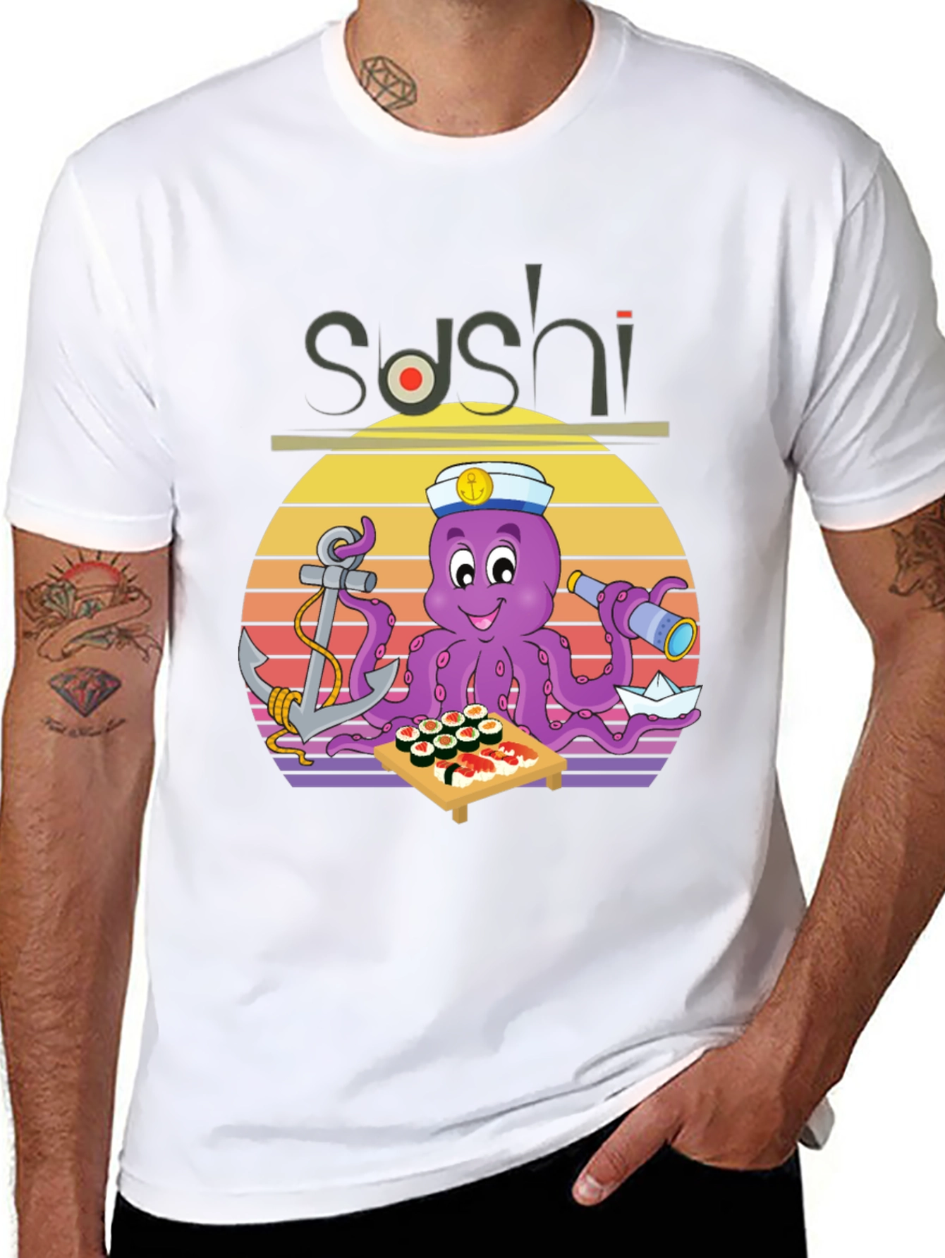 Black Sushi Octopus Graphic T-Shirt - Fun Nautical Design view 8