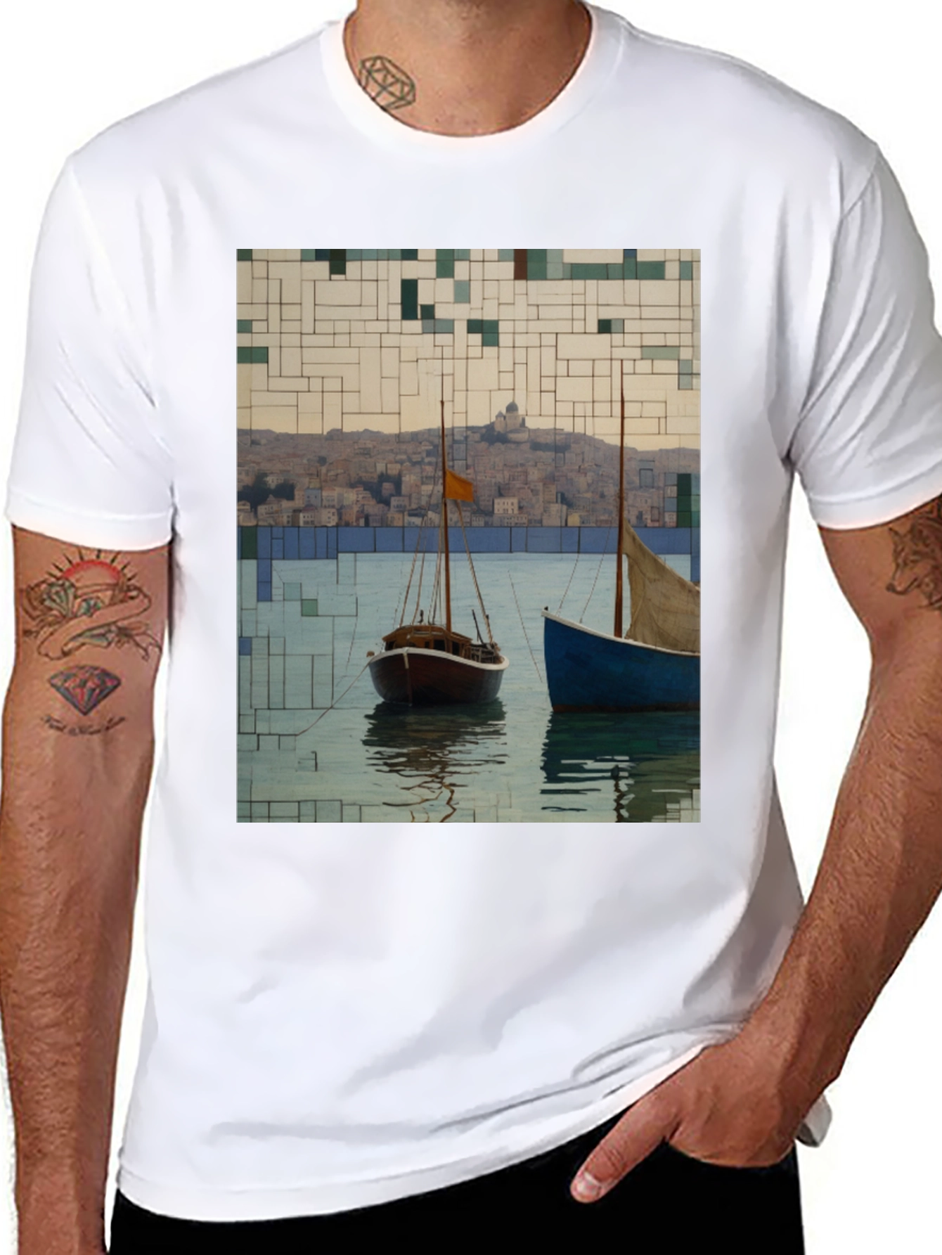 Black Abstract Sailboats T-Shirt view 8