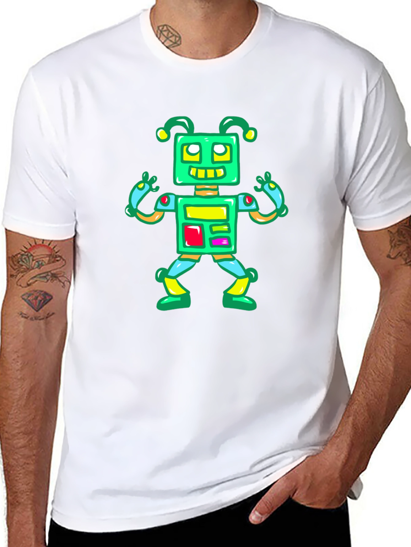 Black Fun Robot Graphic Tee - Black Cotton Casual Shirt view 8
