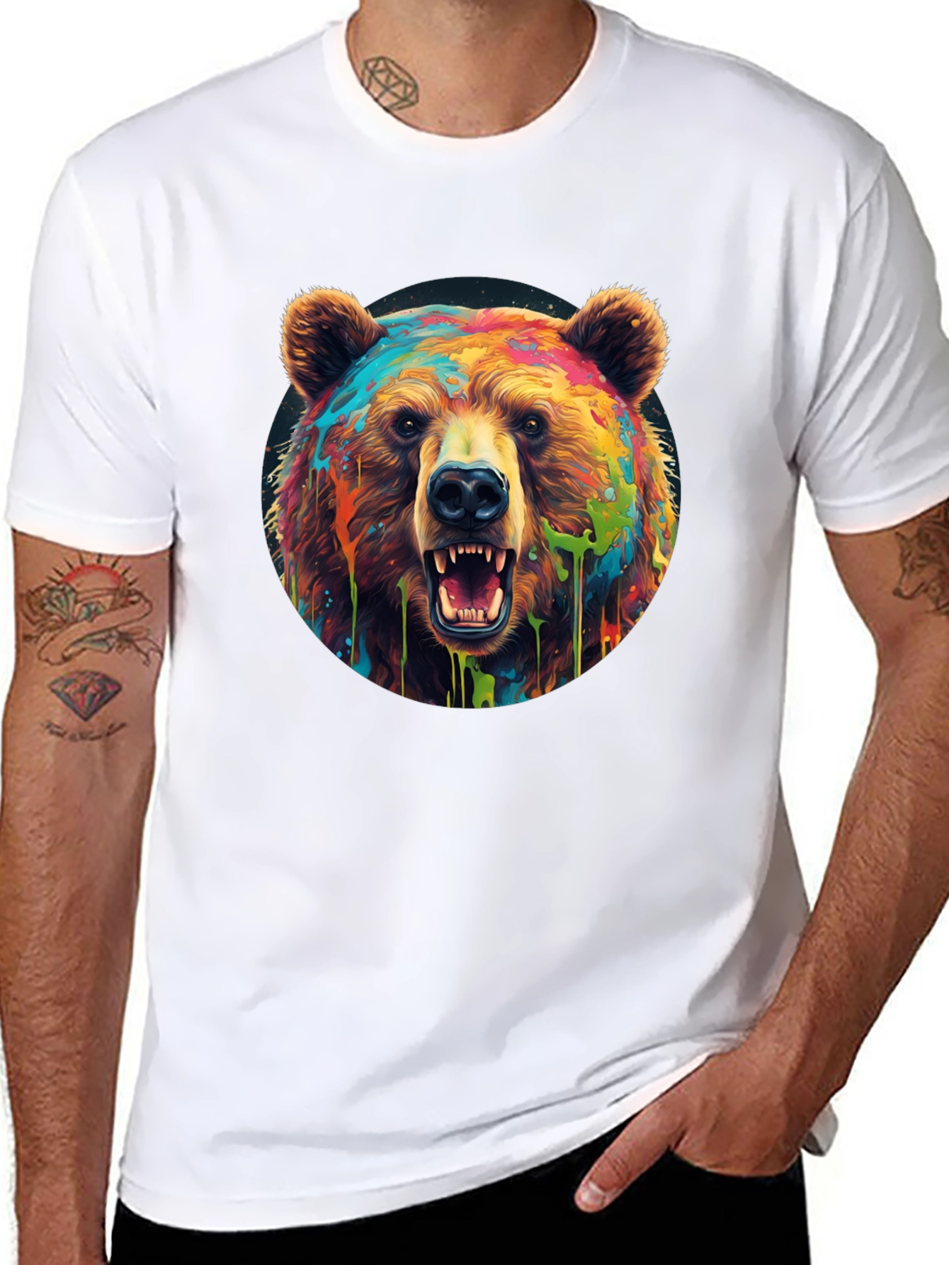 Black Colorful Bear Graphic T-Shirt - Men's Black Tee view 8