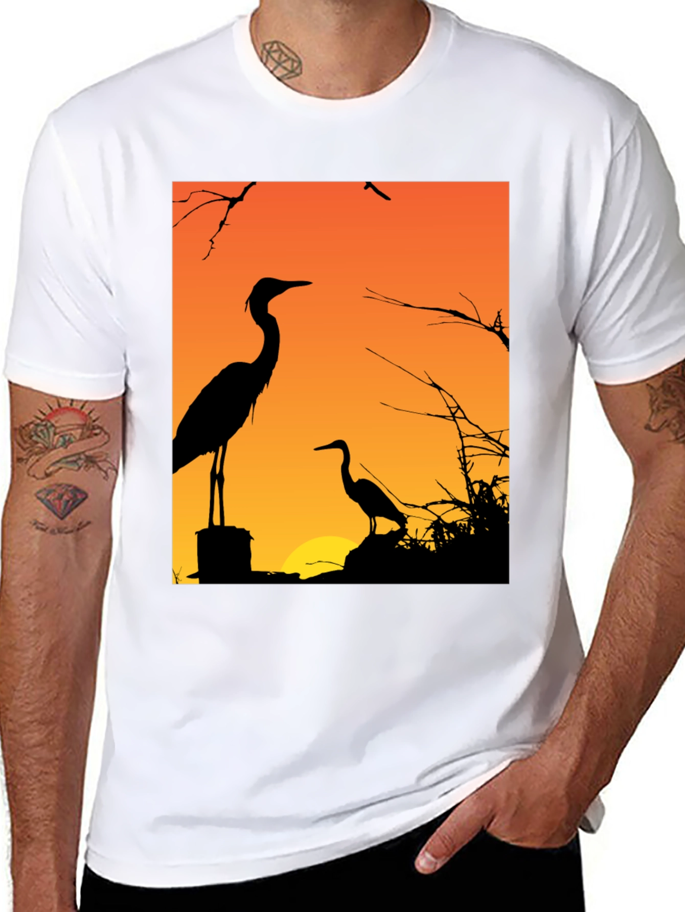Black Heron Sunset Graphic Tee - Black Cotton T-Shirt view 8