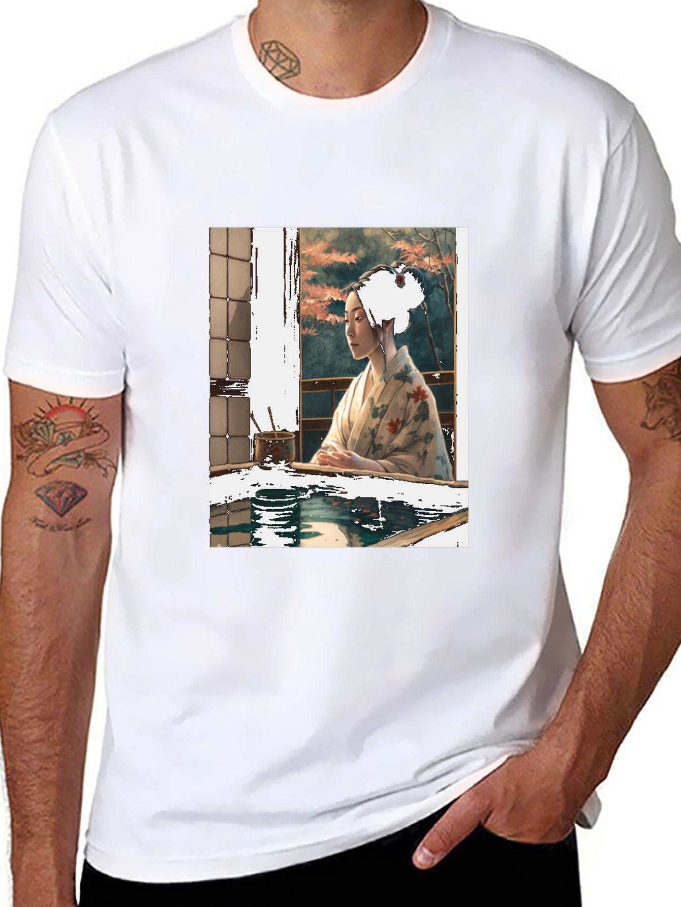 Black Elegant Geisha Art T-Shirt - Unisex Crew Neck Tee view 8