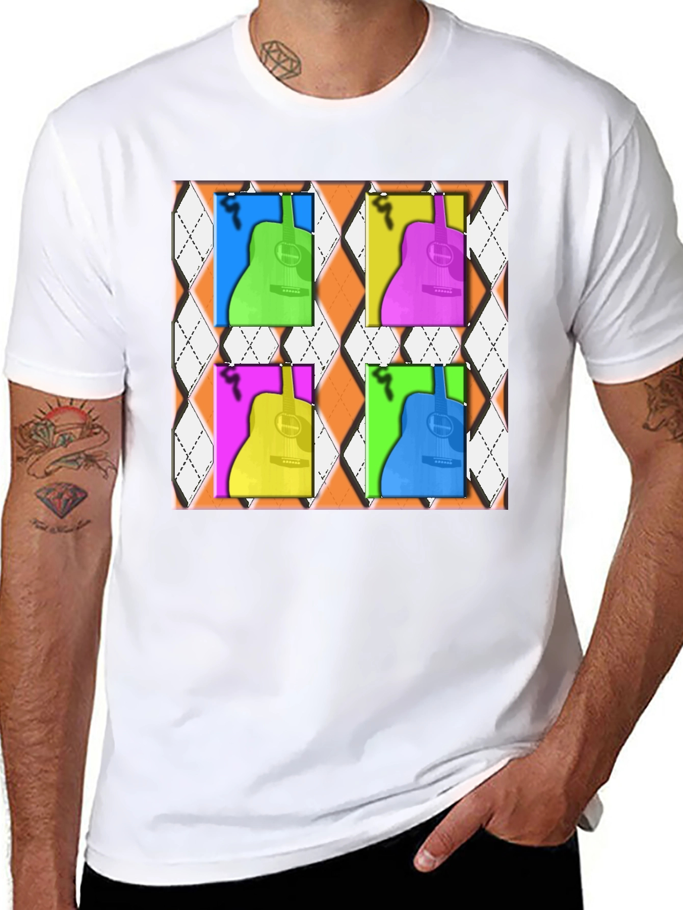 Black Pop Art Guitar T-Shirt - Modern Musical Design view 8