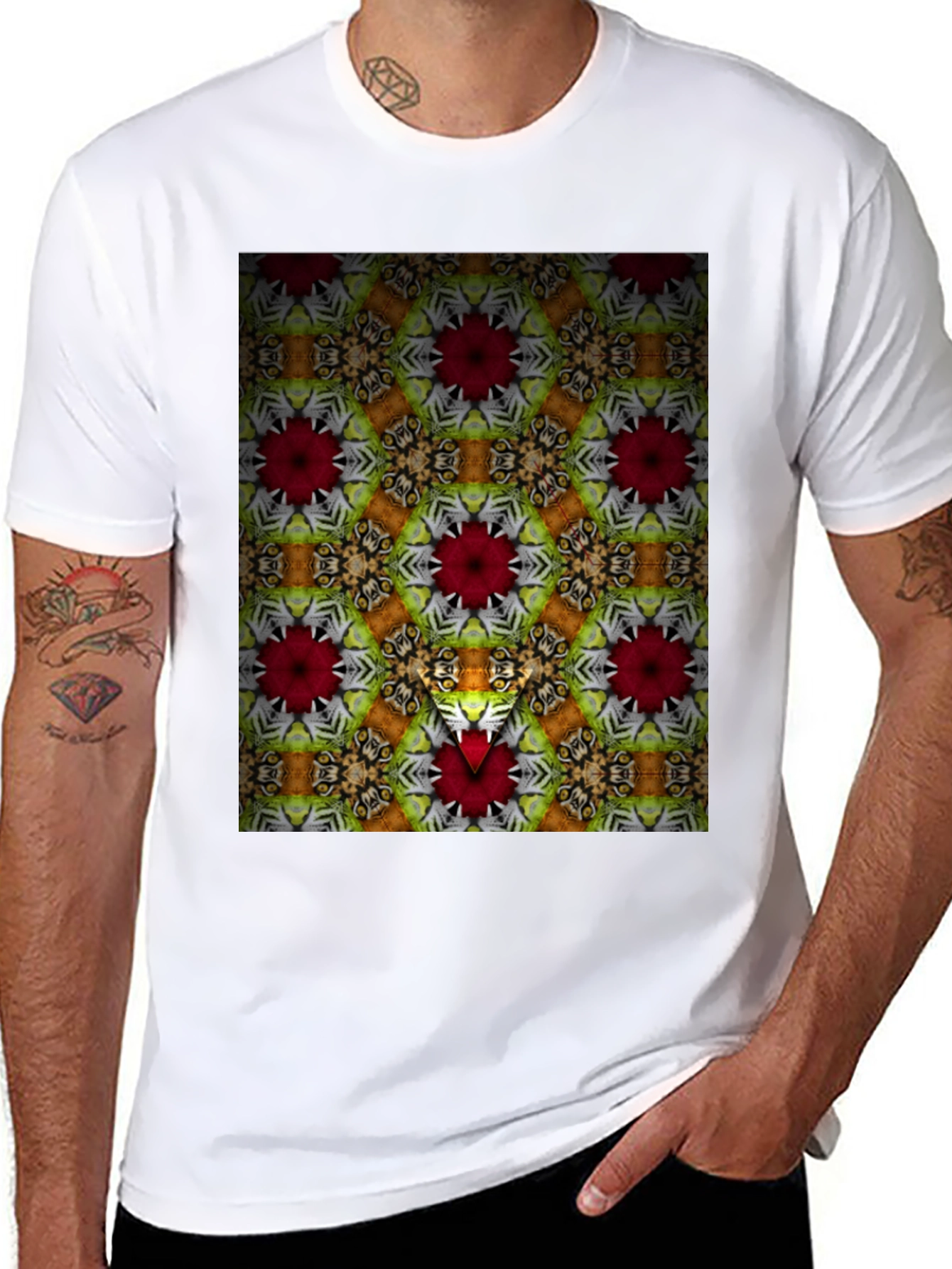 Black Kaleidoscope Floral Graphic Print Men's Black T-Shirt view 8
