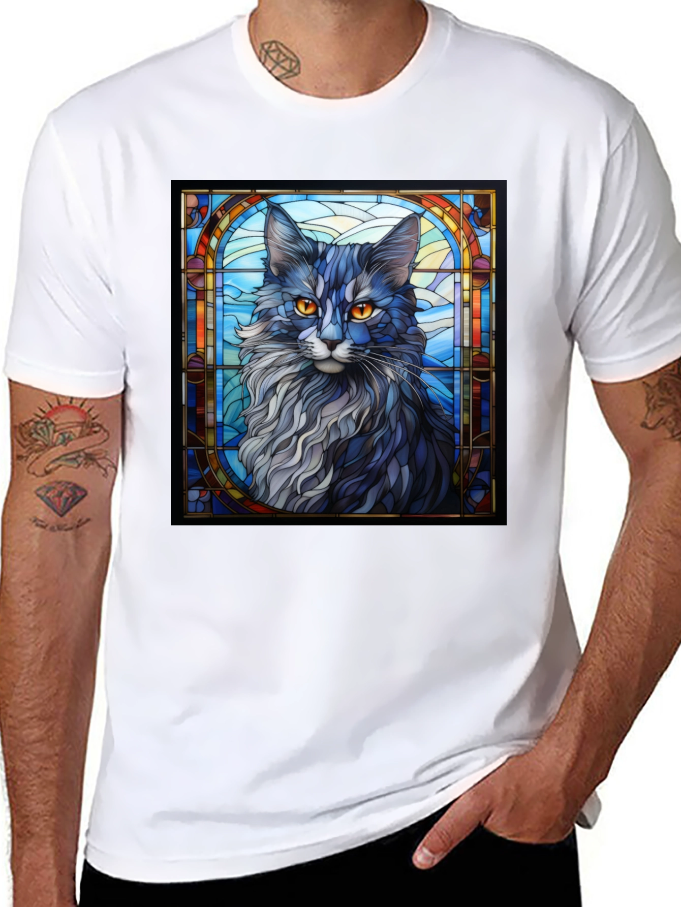 Black Stained Glass Cat Graphic Tee - Unique Design view 8