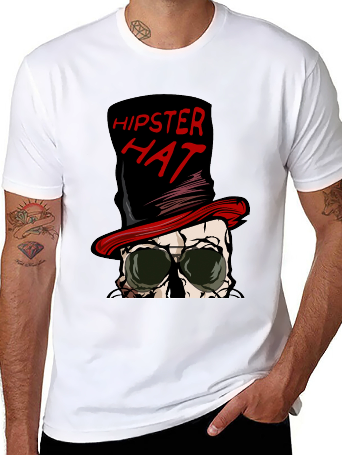 Black Hipster Hat Skull Graphic Tee view 8