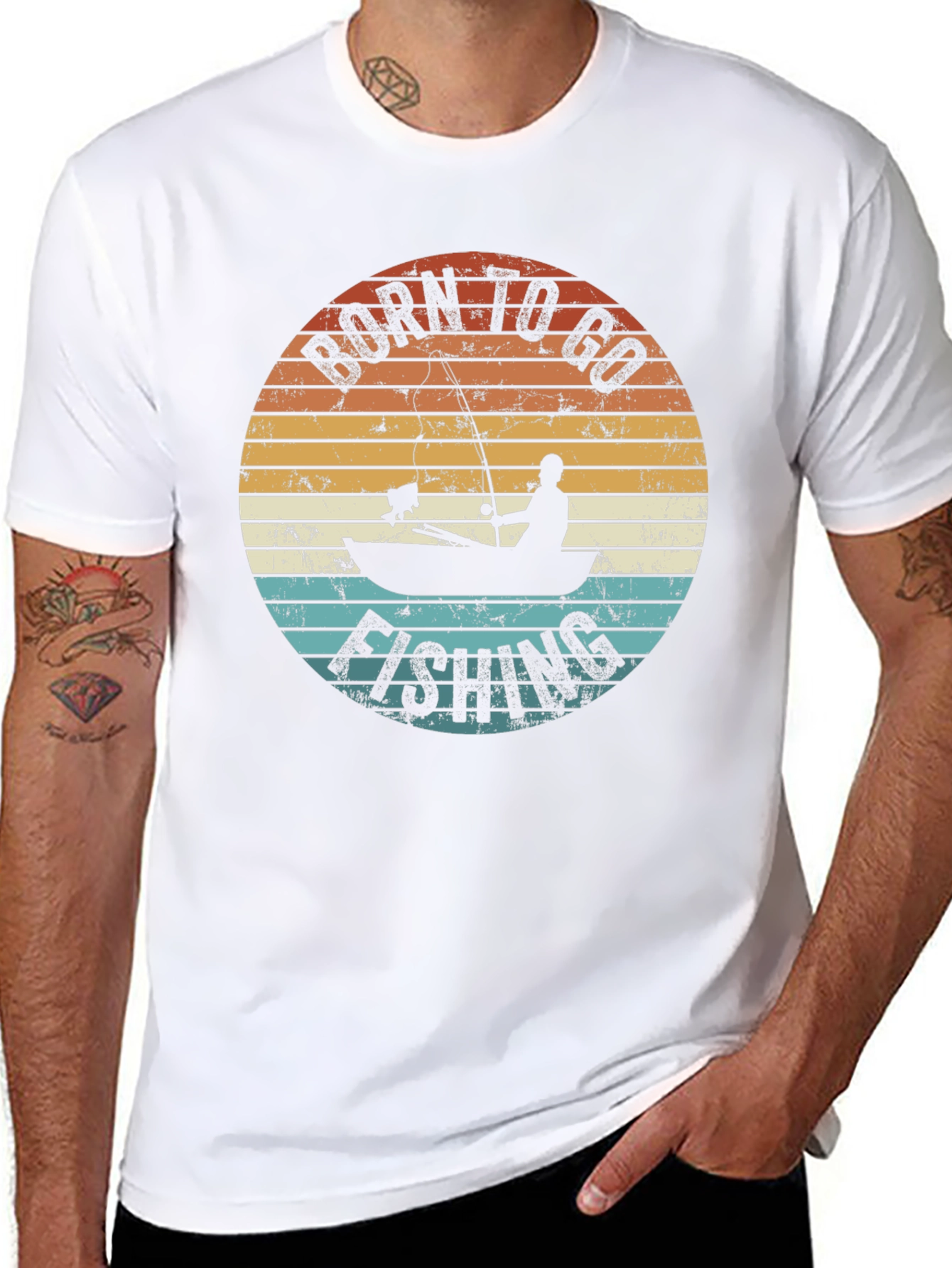 Black Born To Go Fishing T-Shirt - Retro Fisherman Design view 8