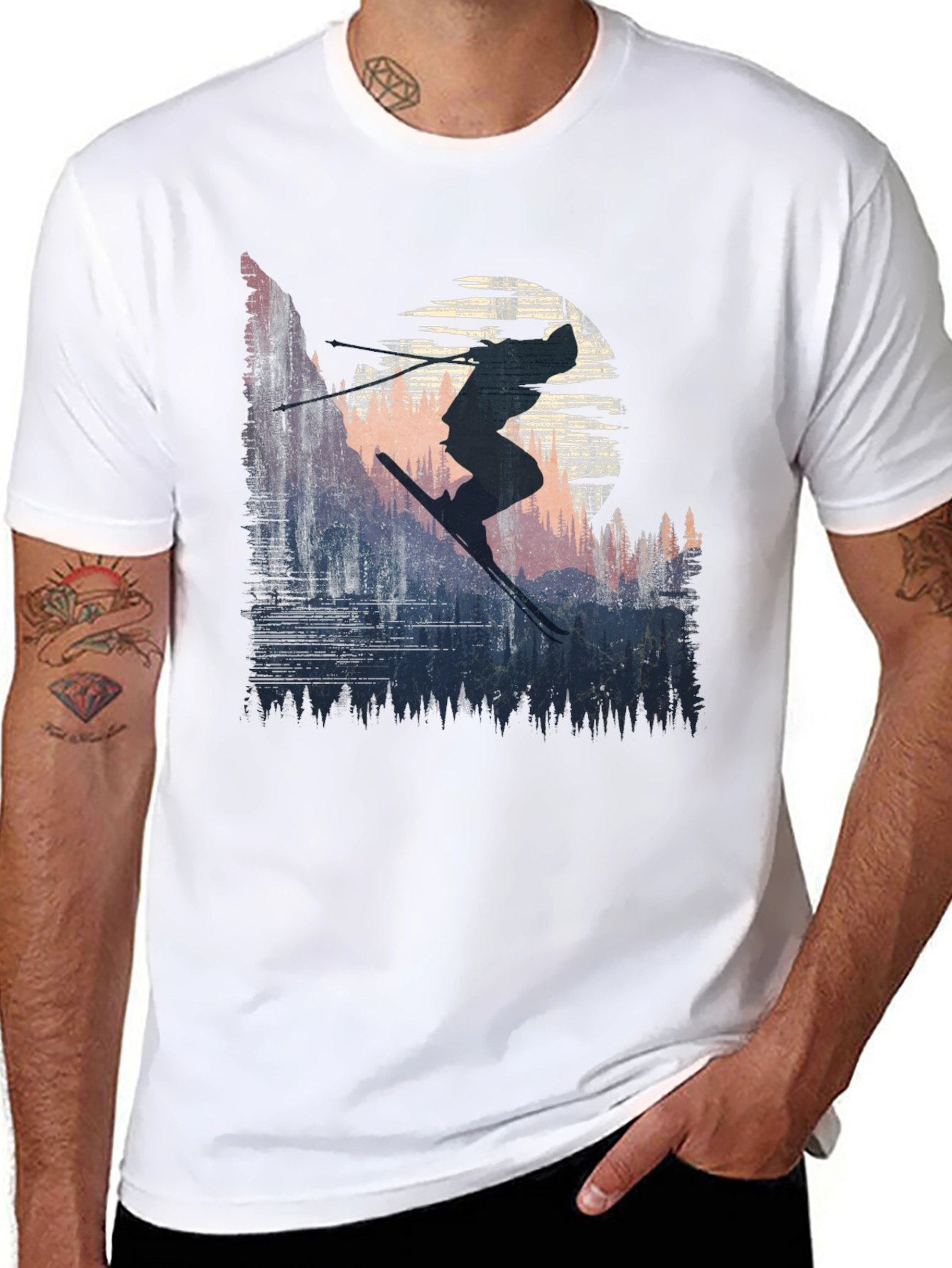 Black Skier Silhouette Graphic Tee - Black Cotton T-Shirt view 8