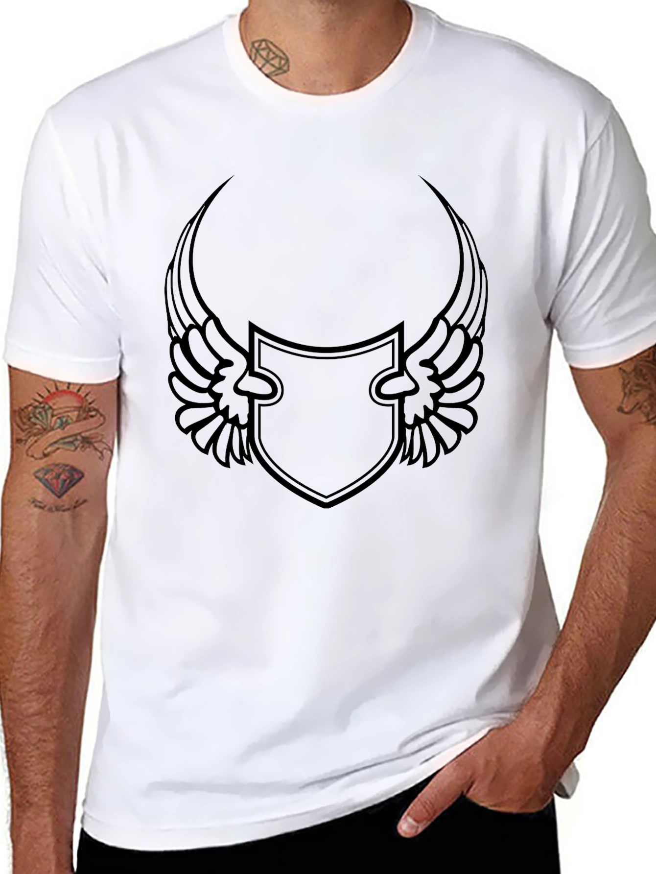 Black Men's Black Graphic Tee - Winged Shield Design view 8
