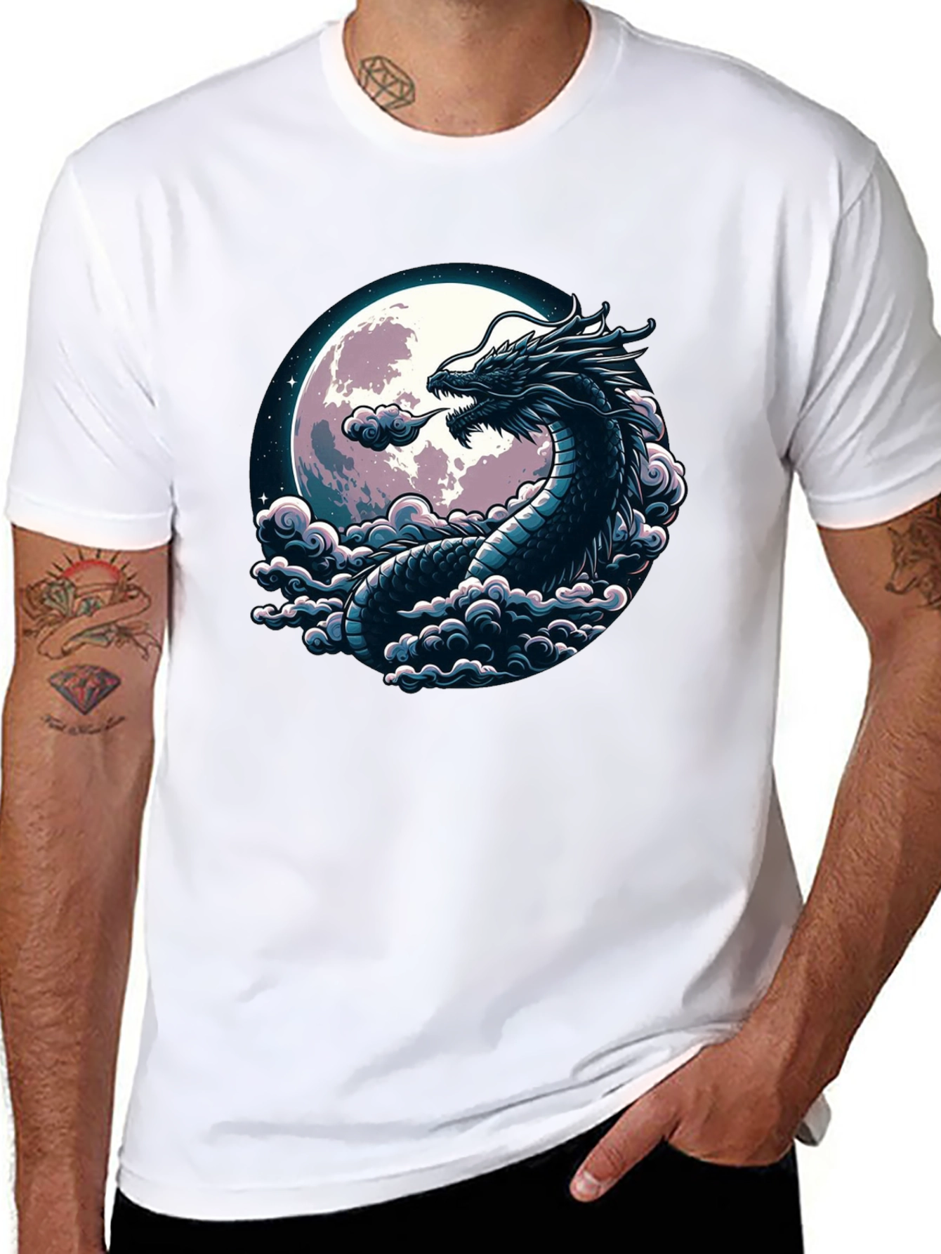 Black Dragon Moon Graphic Tee - Black Cotton T-Shirt view 8