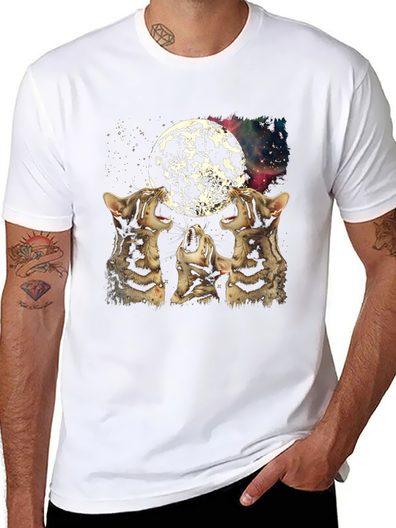 Black Three Cats Howling at Moon Graphic Tee view 8