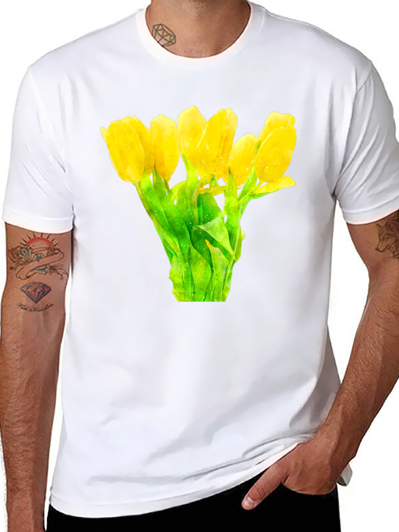 Black Floral Print Black T-Shirt -  Yellow Tulips view 8