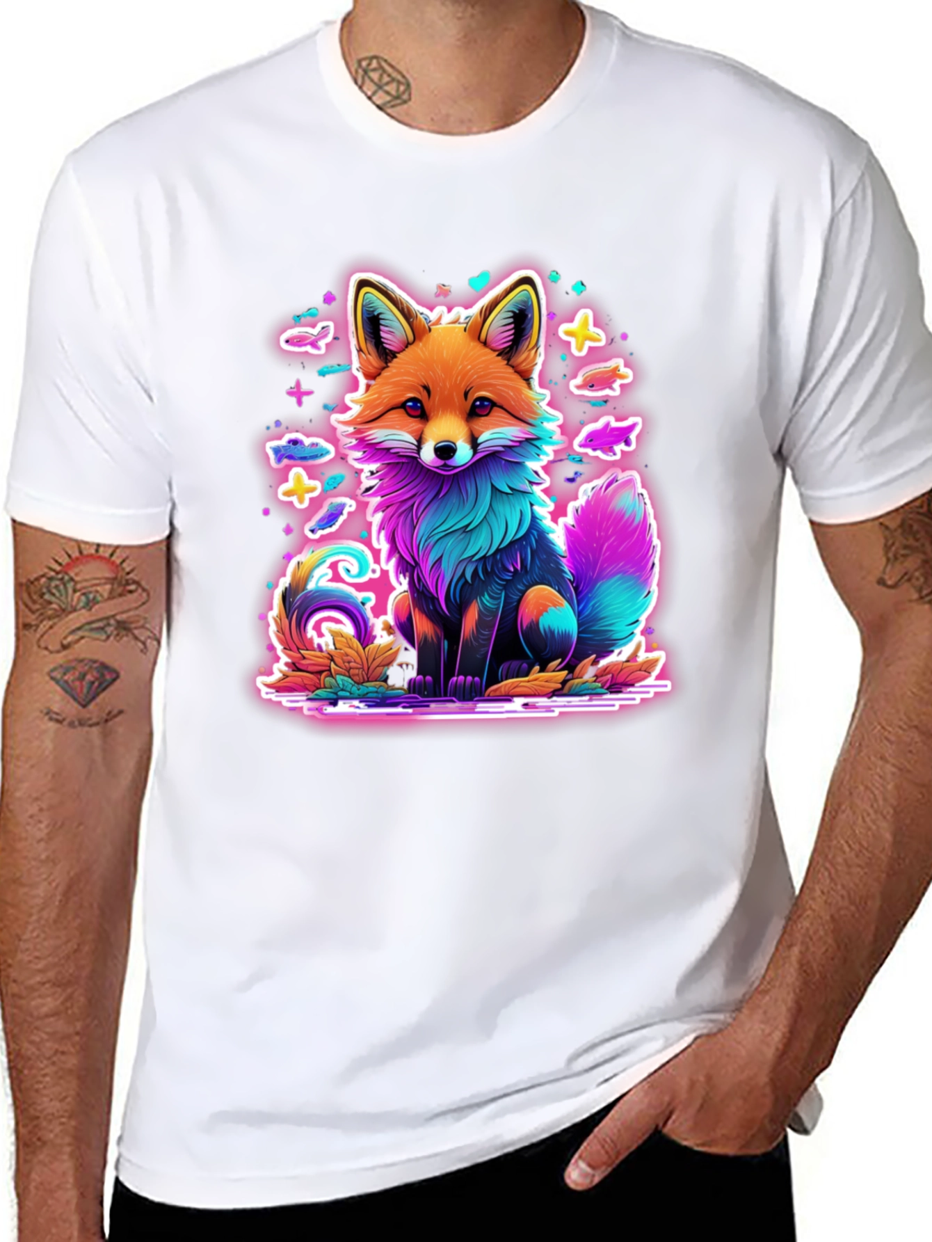 Black Neon Fox Graphic Tee - Unique Colorful Design view 8
