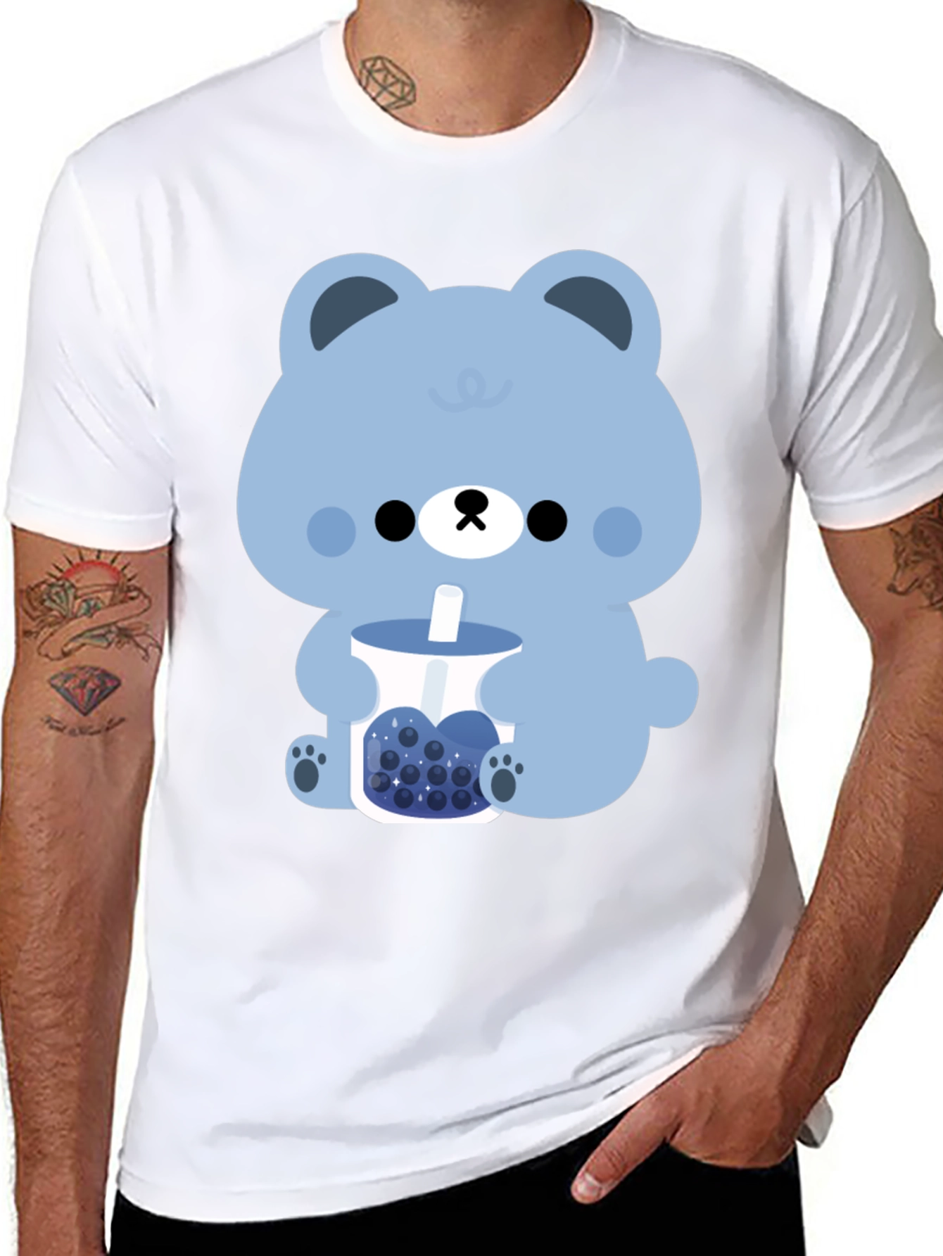 Black Cute Bear Boba Tea Graphic T-Shirt view 8
