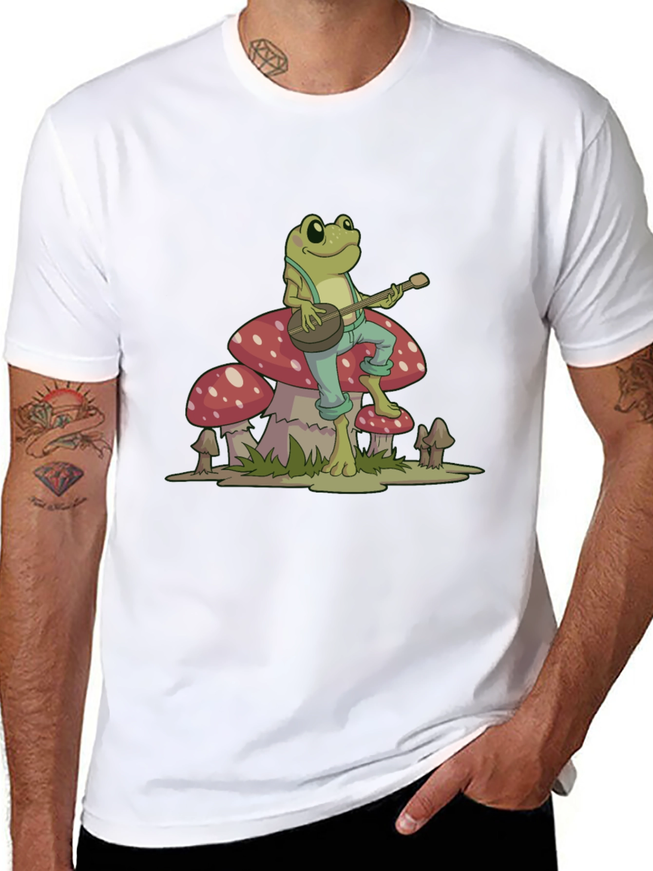 Black Frog Playing Banjo on Mushroom Graphic Tee view 8