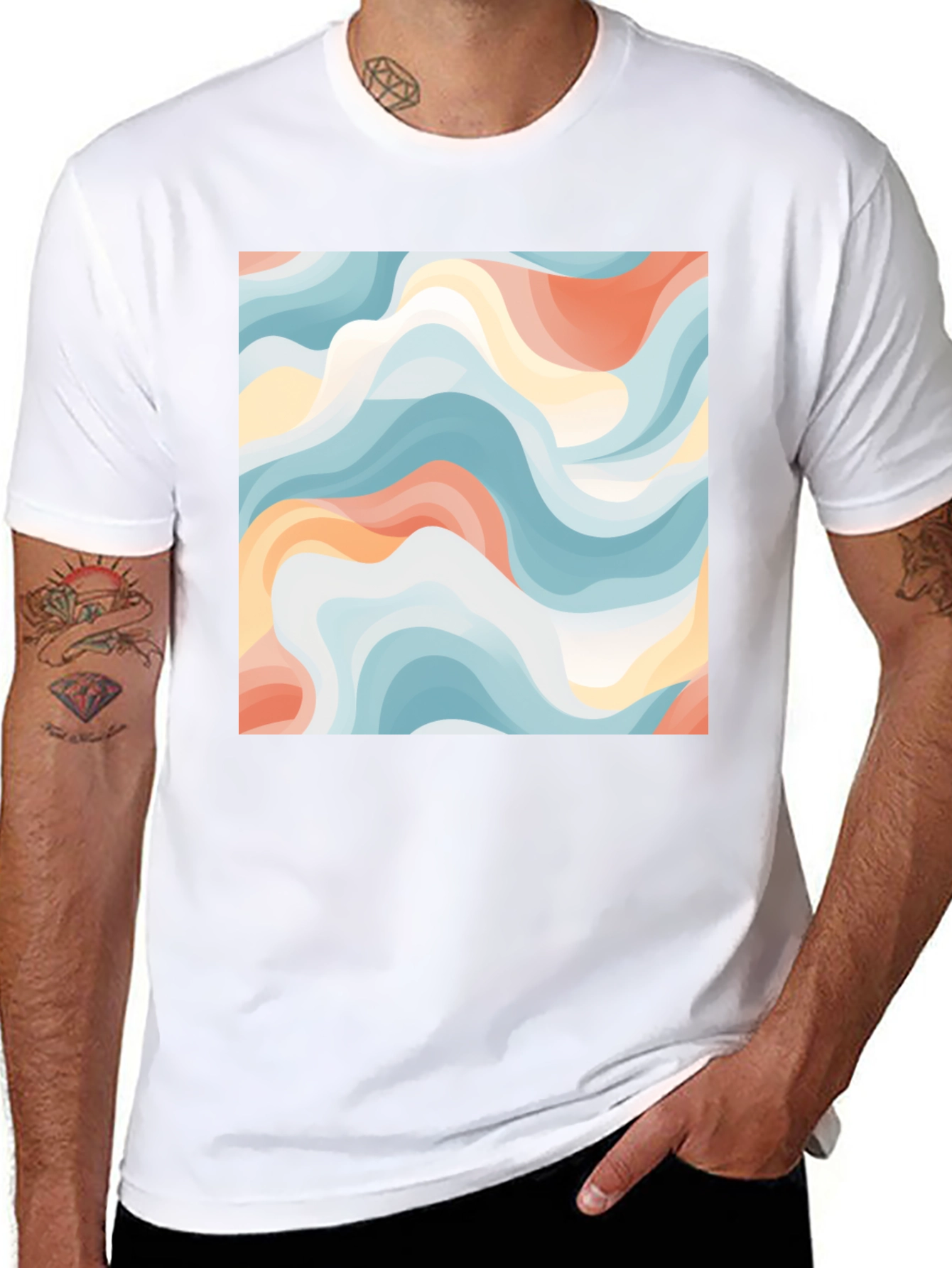 Black Abstract Wave Print Tee - Modern Art Shirt view 8