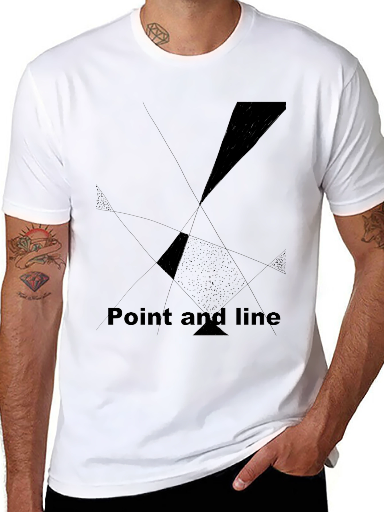 Black Abstract Geometric Black Tee - Point and Line Design view 8