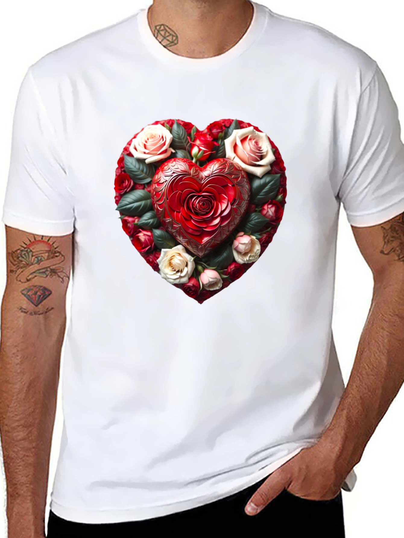 Black Romantic Rose Heart Graphic Black T-Shirt view 8