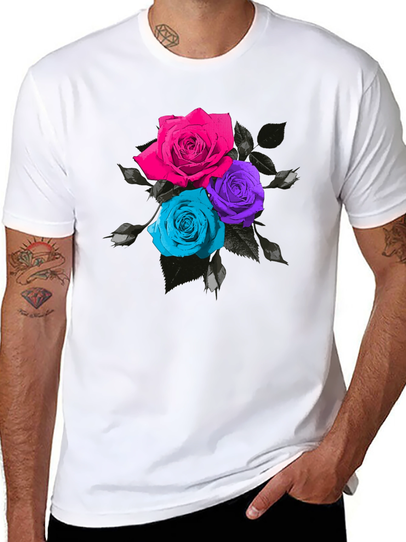 Black Floral Roses T-Shirt - Unique Colorful Design view 8
