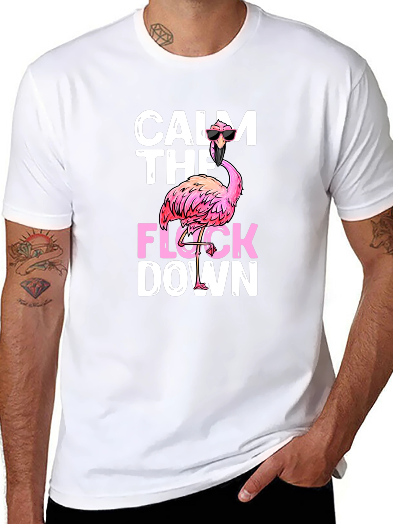 Black Calm The Flock Down Flamingo T-Shirt view 8