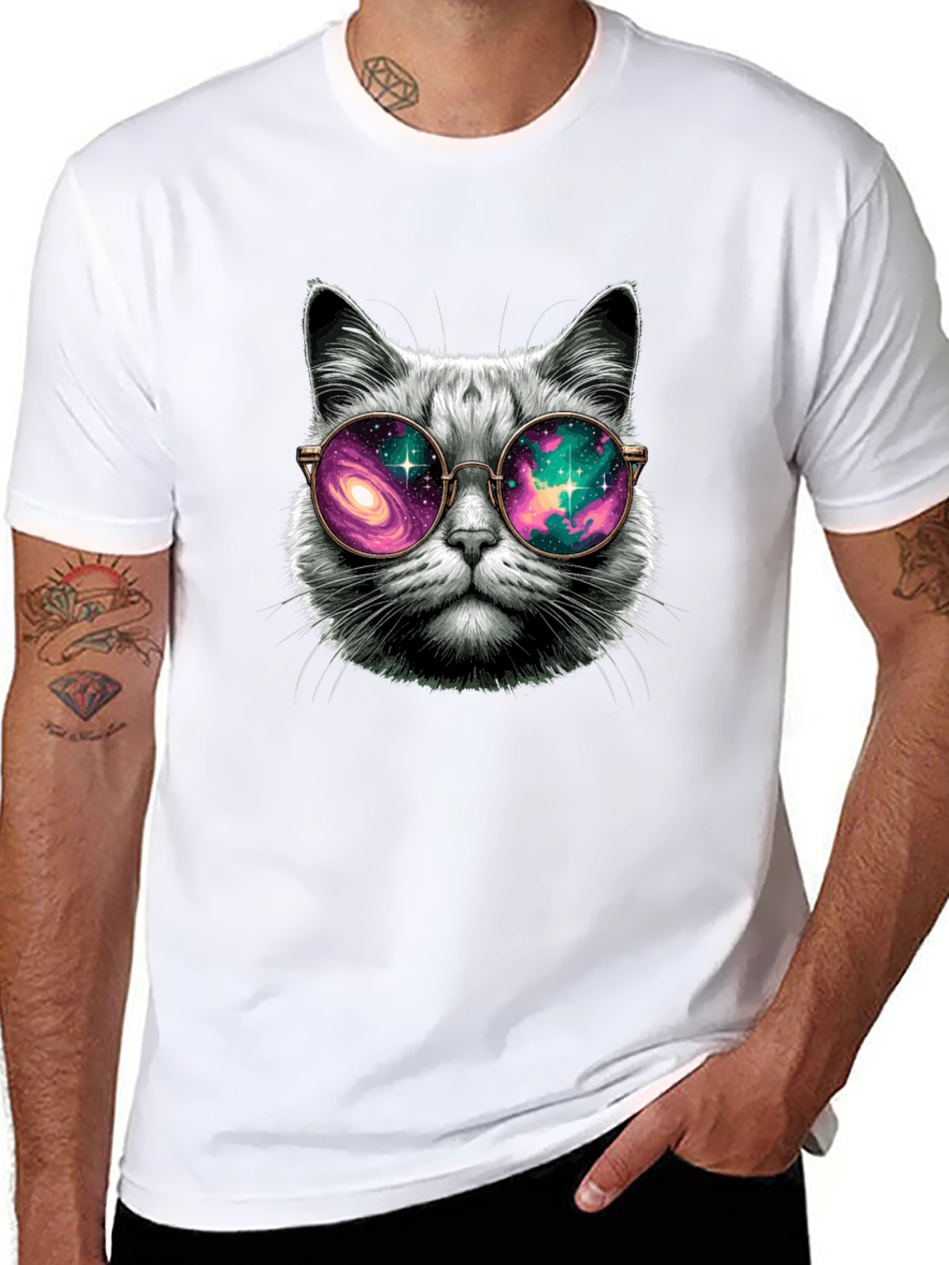 Black Cool Cat Galaxy Glasses T-Shirt view 8