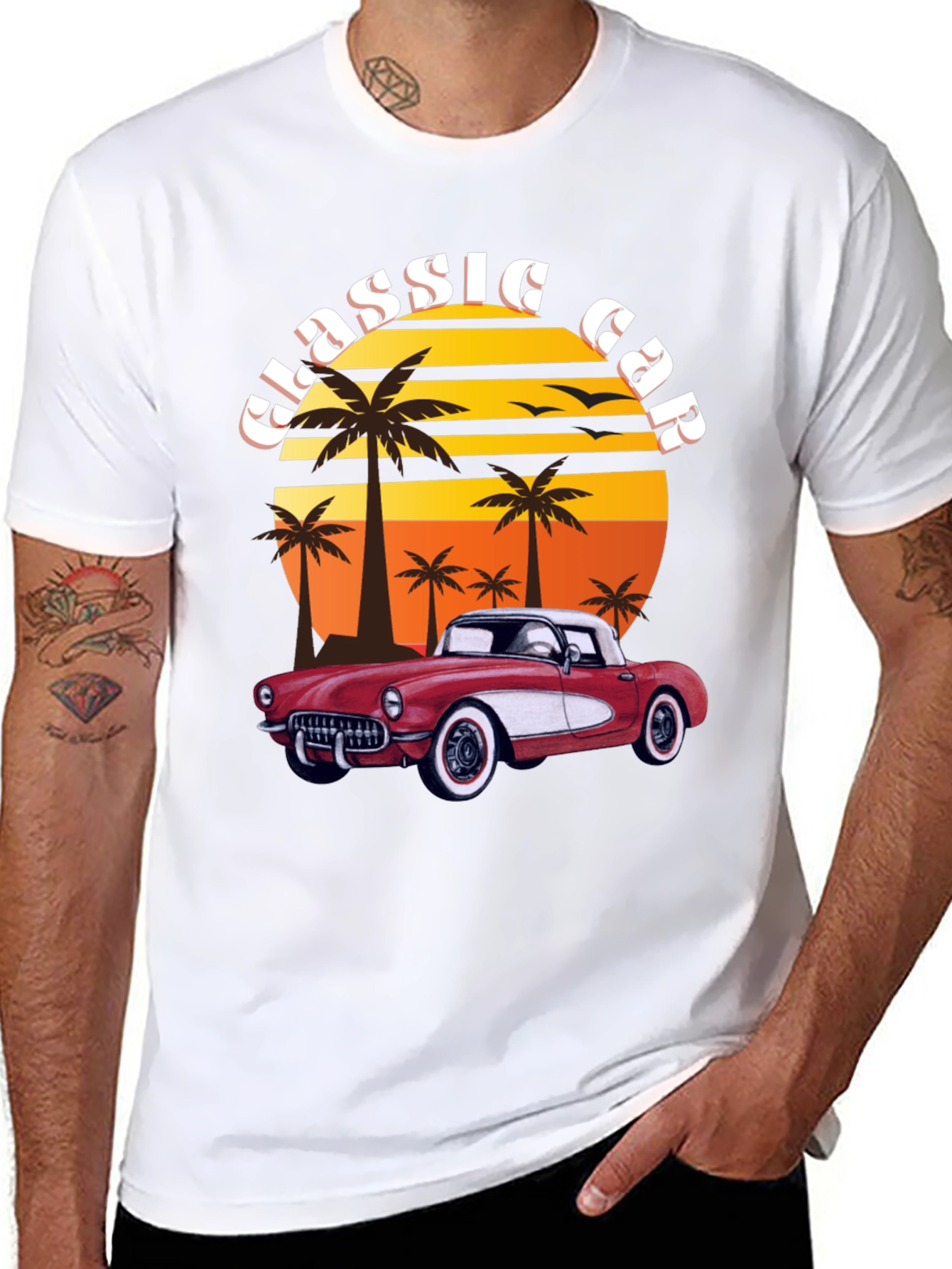 Black Classic Car T-Shirt - Retro Sunset Design view 8