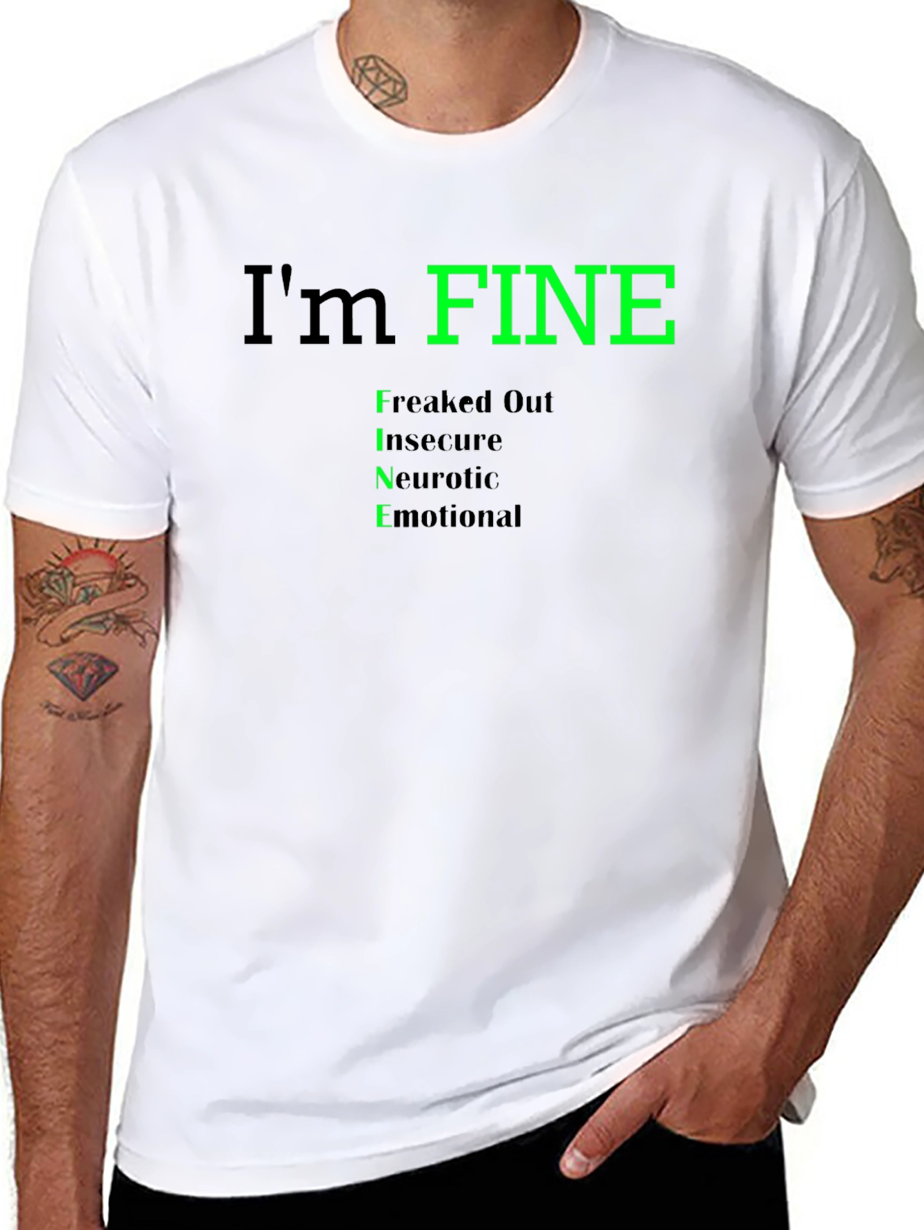 Black I'm Fine Funny Graphic T-Shirt - Freaked Out Insecure Neurotic Emotional view 8