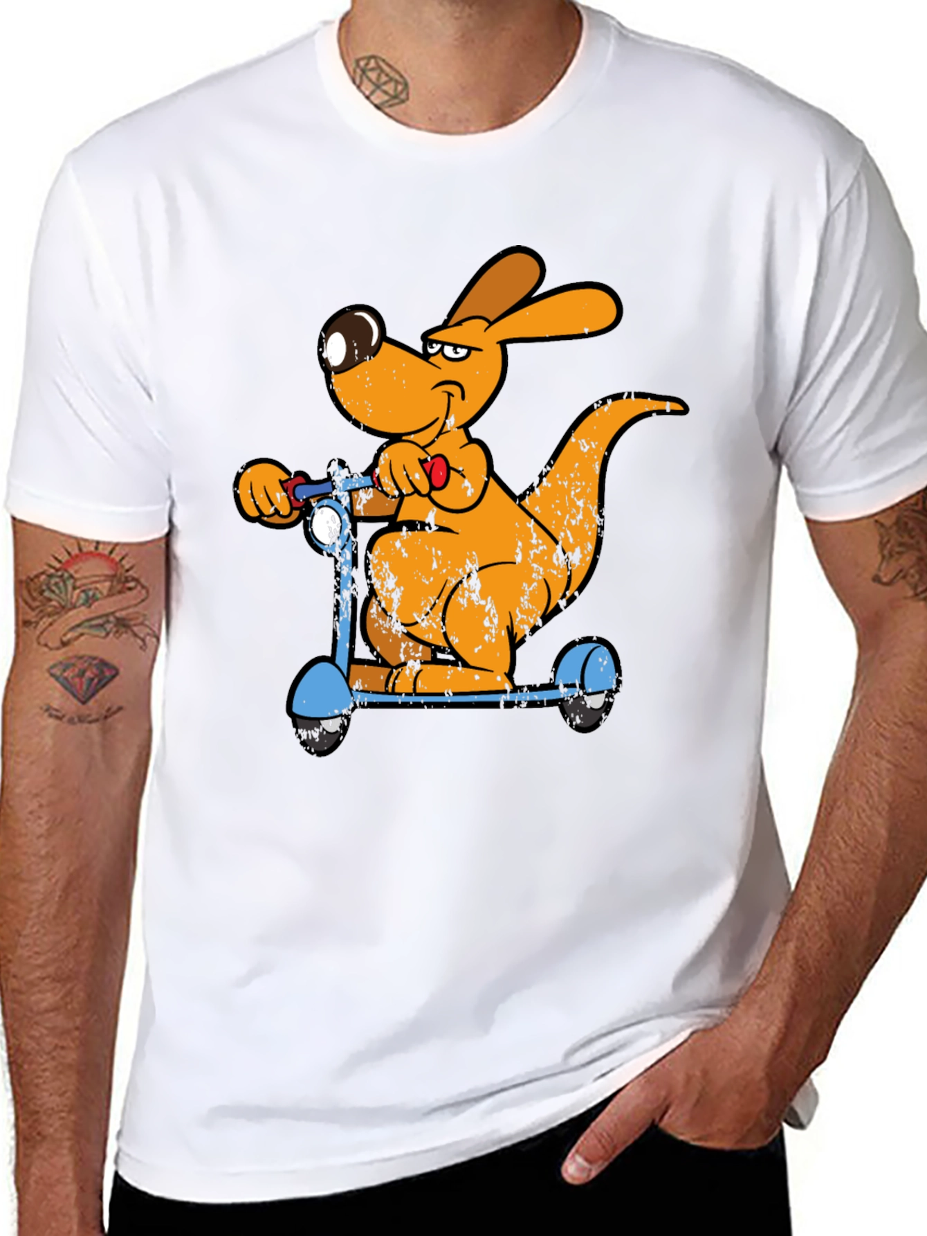 Black Cartoon Kangaroo Scooter Graphic Tee - Cool Black T-Shirt view 8