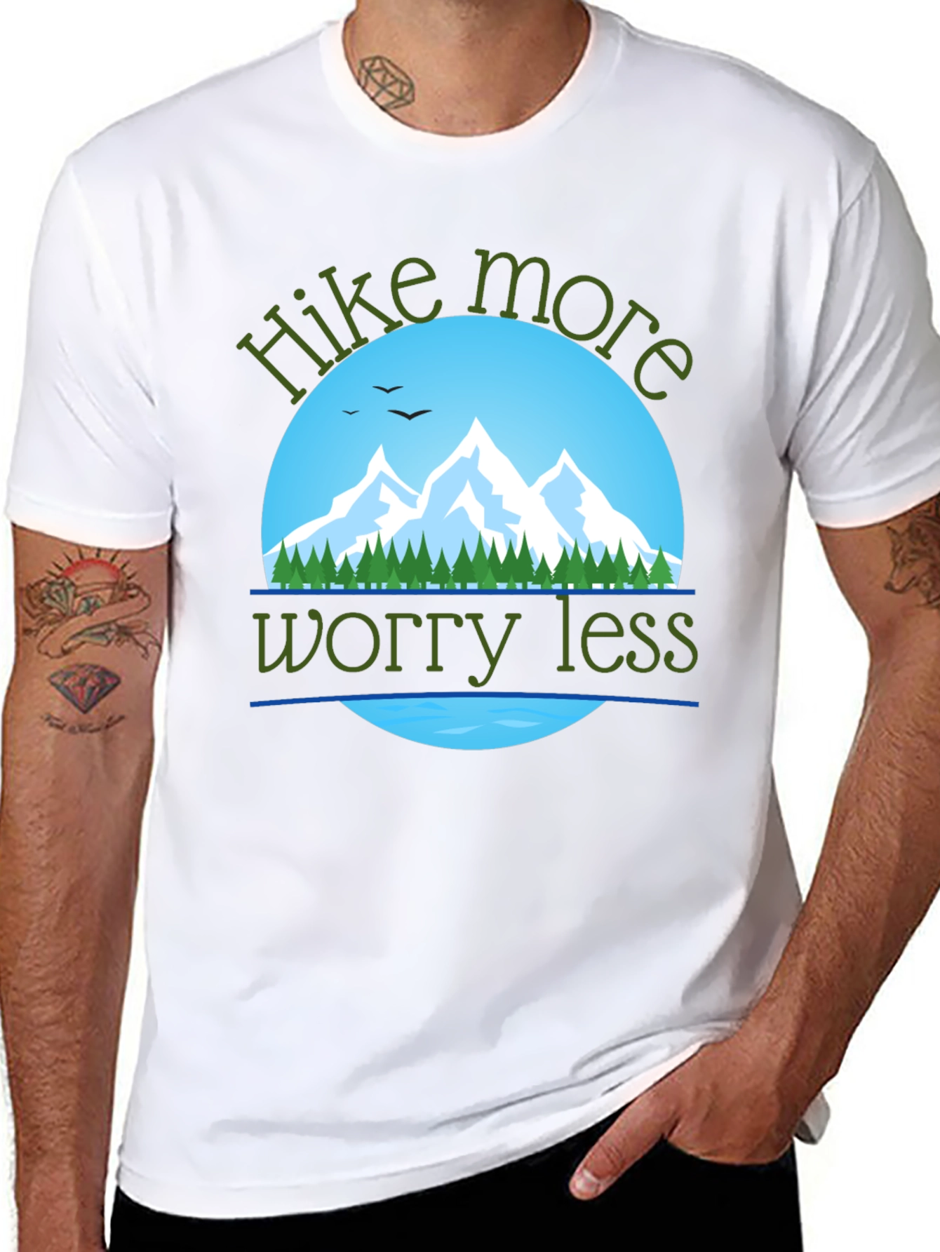 Black Hike More Worry Less T-Shirt: Mountain Adventure Apparel view 8