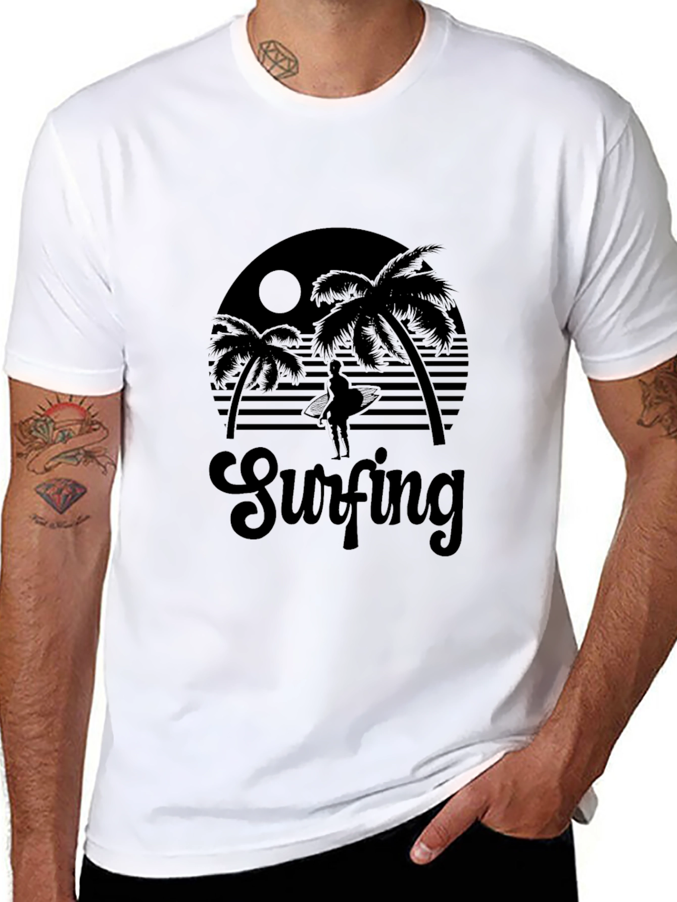 Black Surfing Silhouette Graphic Tee - Black Cotton T-Shirt view 8
