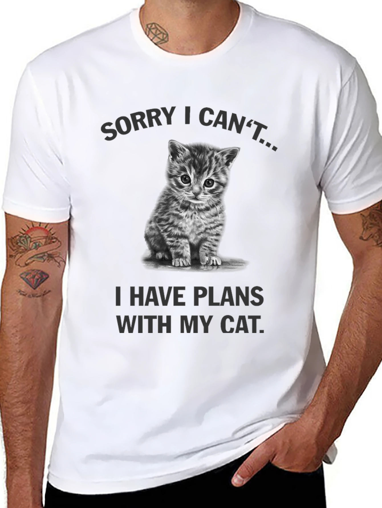 Black Sorry I Can't, Cat Plans Graphic Tee view 8